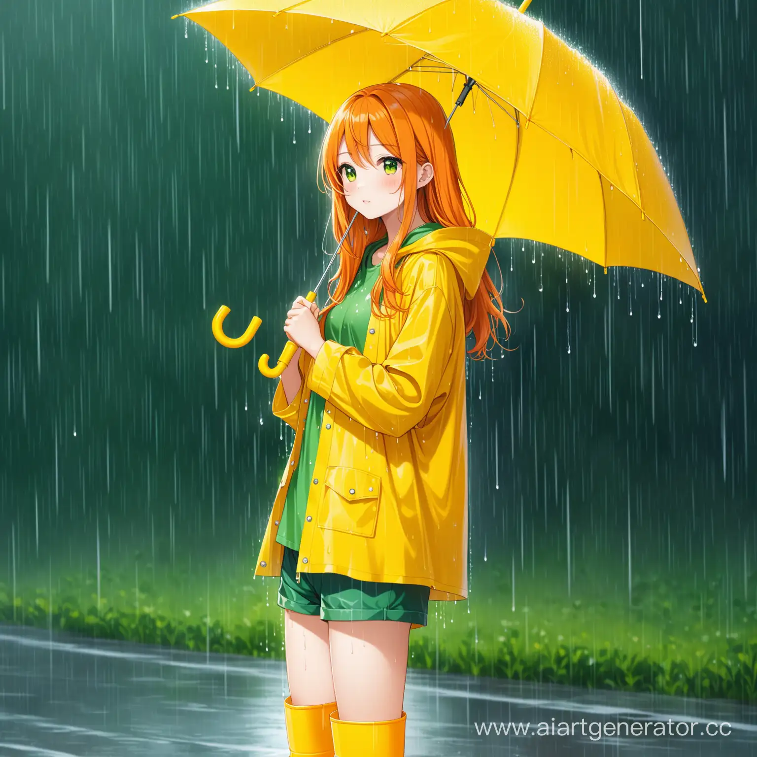 Девушка с длинными оранжевыми волосами одетая в зелёную футболку жёлтый дождевик короткие шорты и жёлтые резиновые ботинки с жёлтым зонтом в руке на фоне дождя