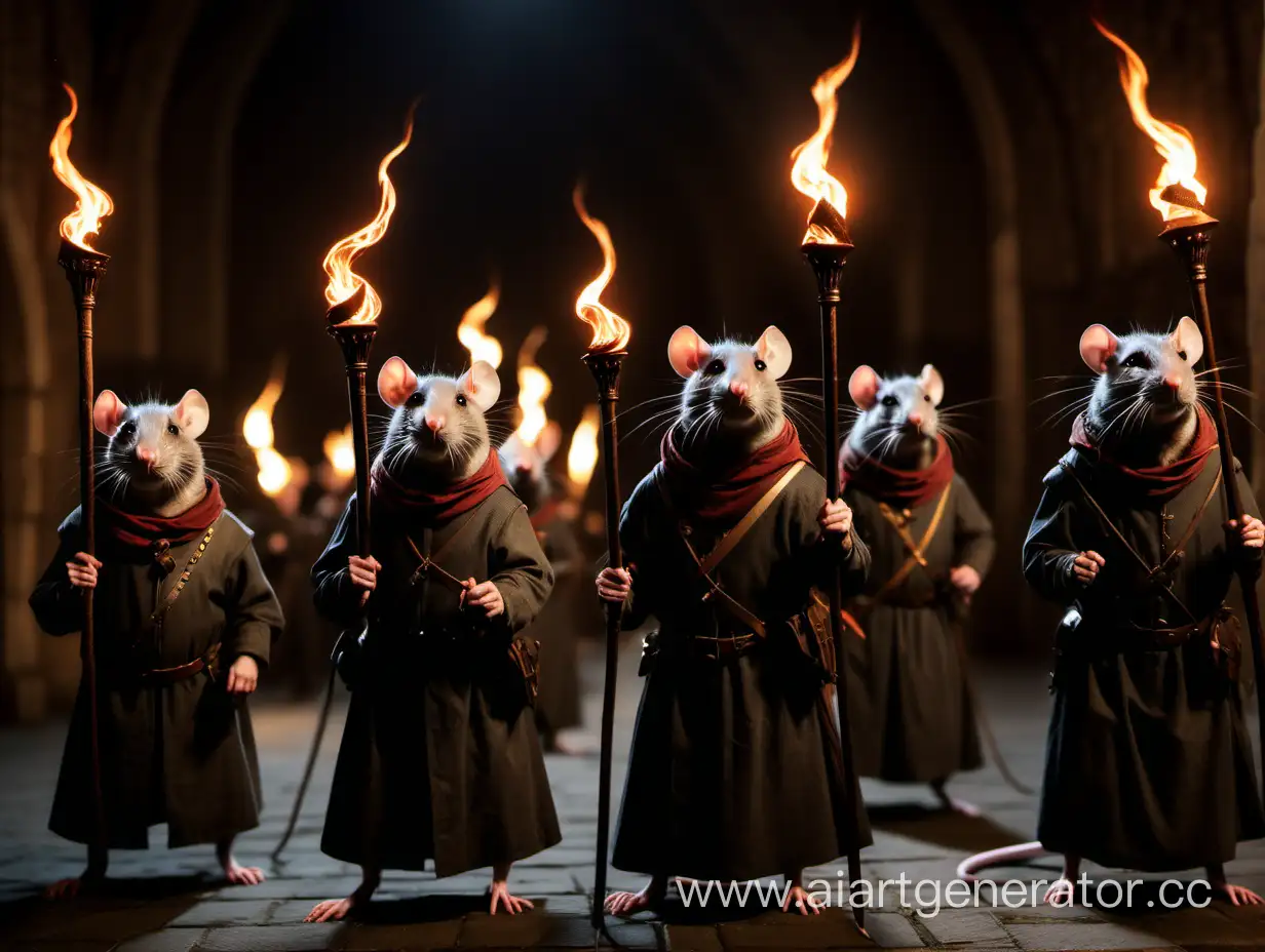 medieval rats guards with halberds and torches night