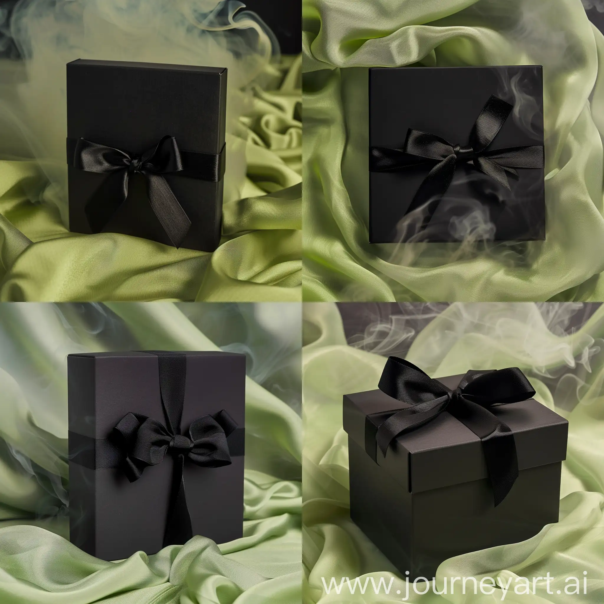 Чёрная квадратная коробка с чёрным бантом спереди на нежно-зеленом шелке в дыму 