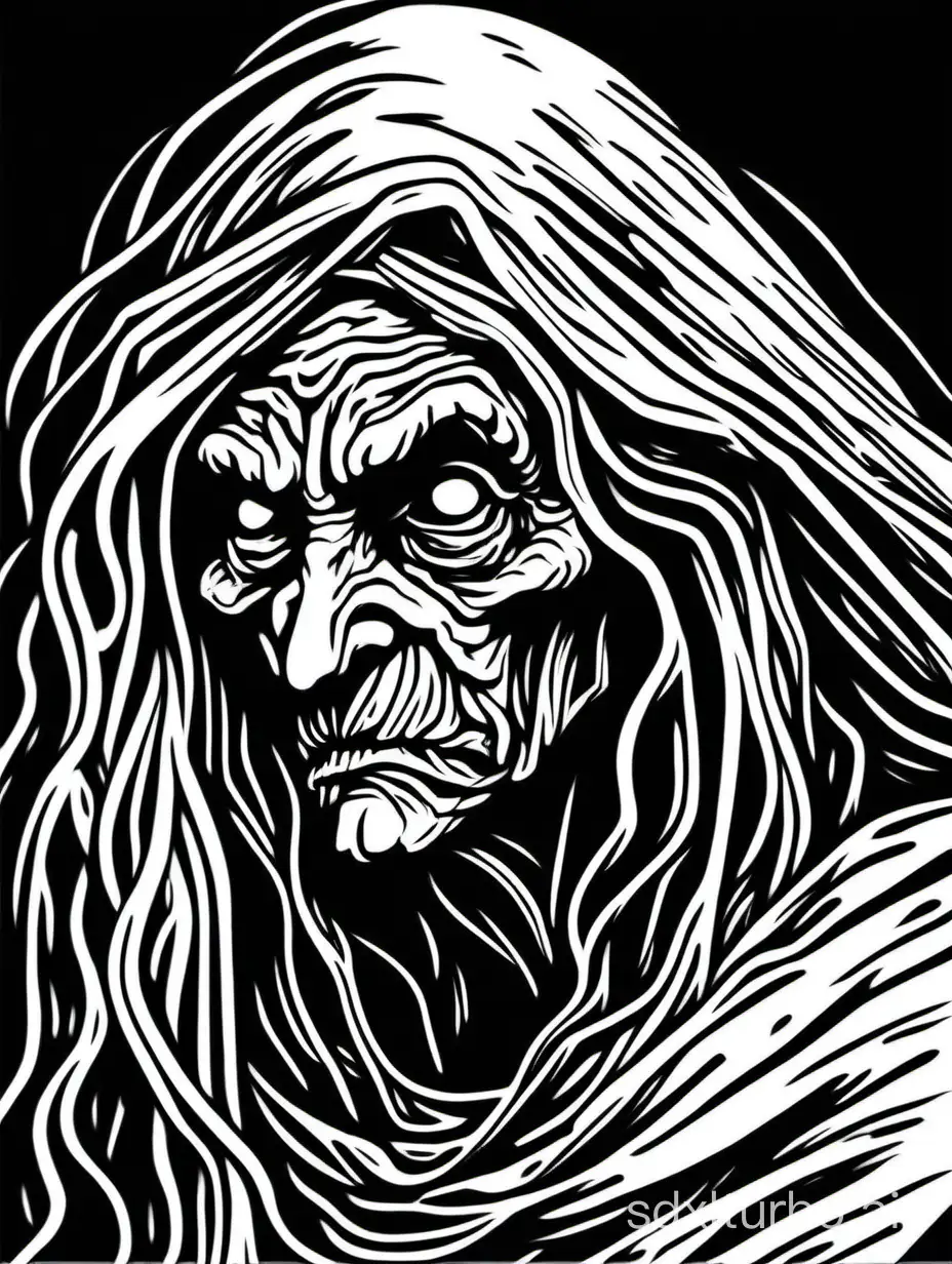 a withered hag, isolated on a white background, close up, profile, block print, simple composition, black and white ink, no gradients, 2bit bw, high contrast, heavy lines, thick lines, 3px black border, simple style of 1981 Dungeons and Dragons, by Jeff Dee,