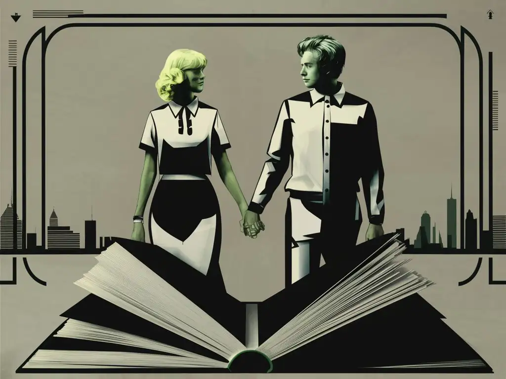 Give me a Bauhaus Style graphic image, of a blonde women and a blonde men holding hands, the theme is books, 