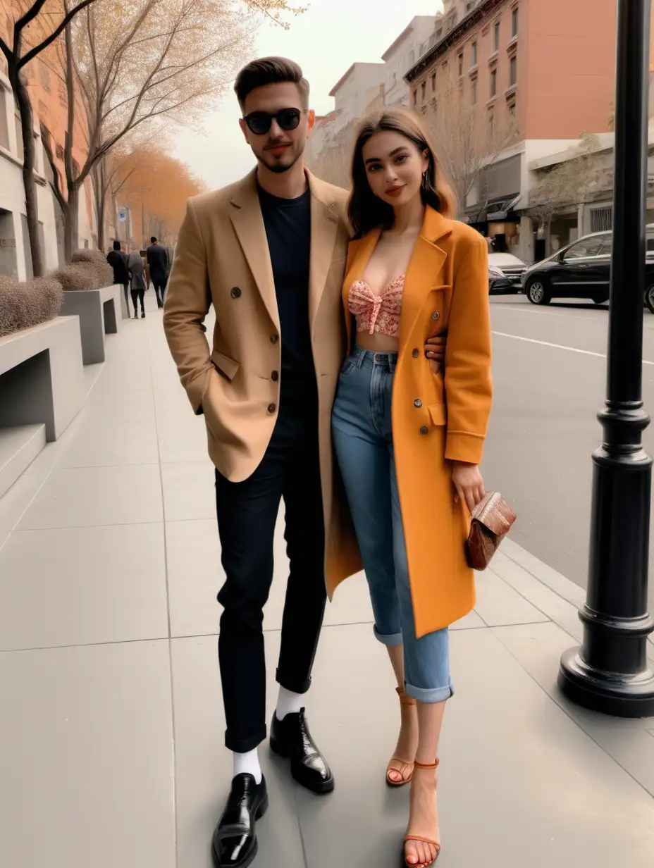 An iPhone photo of full body of a couple, on a date, in cute stylish clothing, outside , photo realism , 4k, 8k, high quality image, celebrity inspired, model inspired, Instagram model inspired, realistic features, human features