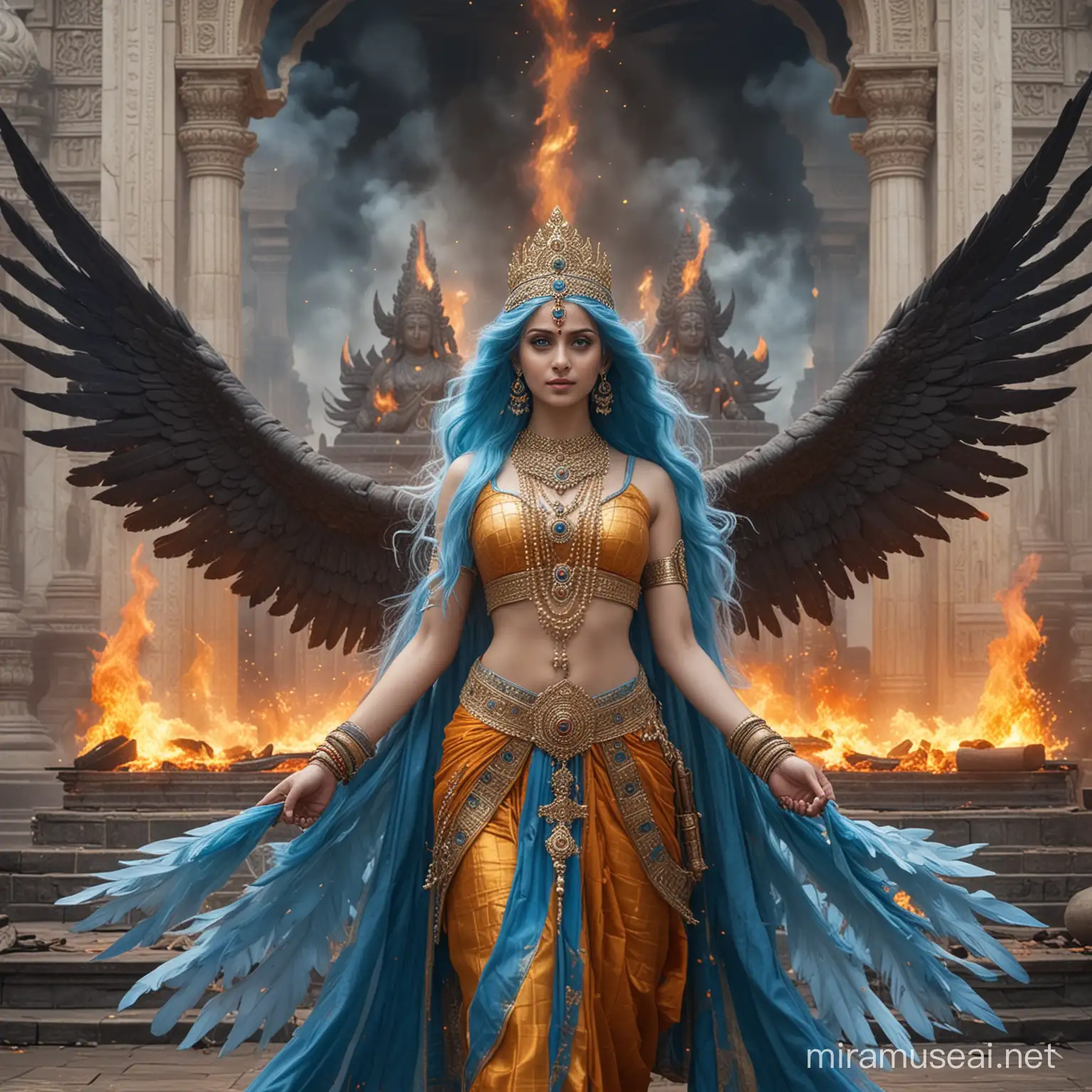 Diosa emperatriz hermosa joven de cabellos azules largos y ojos azules vestida como Diosa emperatriz hindu en combate, con muchas alas grandes largas,  rodeada de fuego y poder ,de pie junto a un altar majestuosa. Sonrisa misteriosa y de fondo y alrededor diosas y dioses hindus adorandola  y de fondo un gigantesco palacio hindu tenebroso 