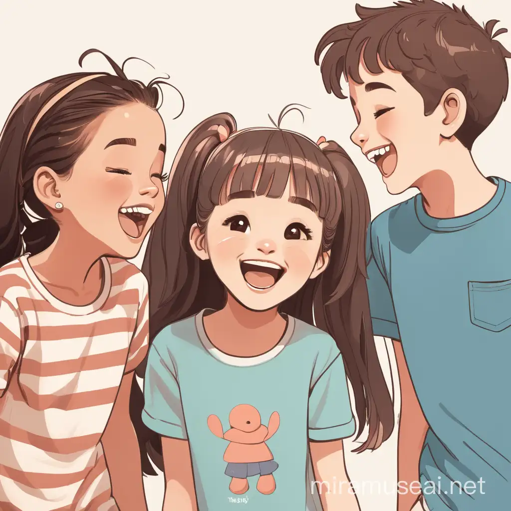 Three friends, two girls and a boy, the girls are older than the boy, laughing together while talking 