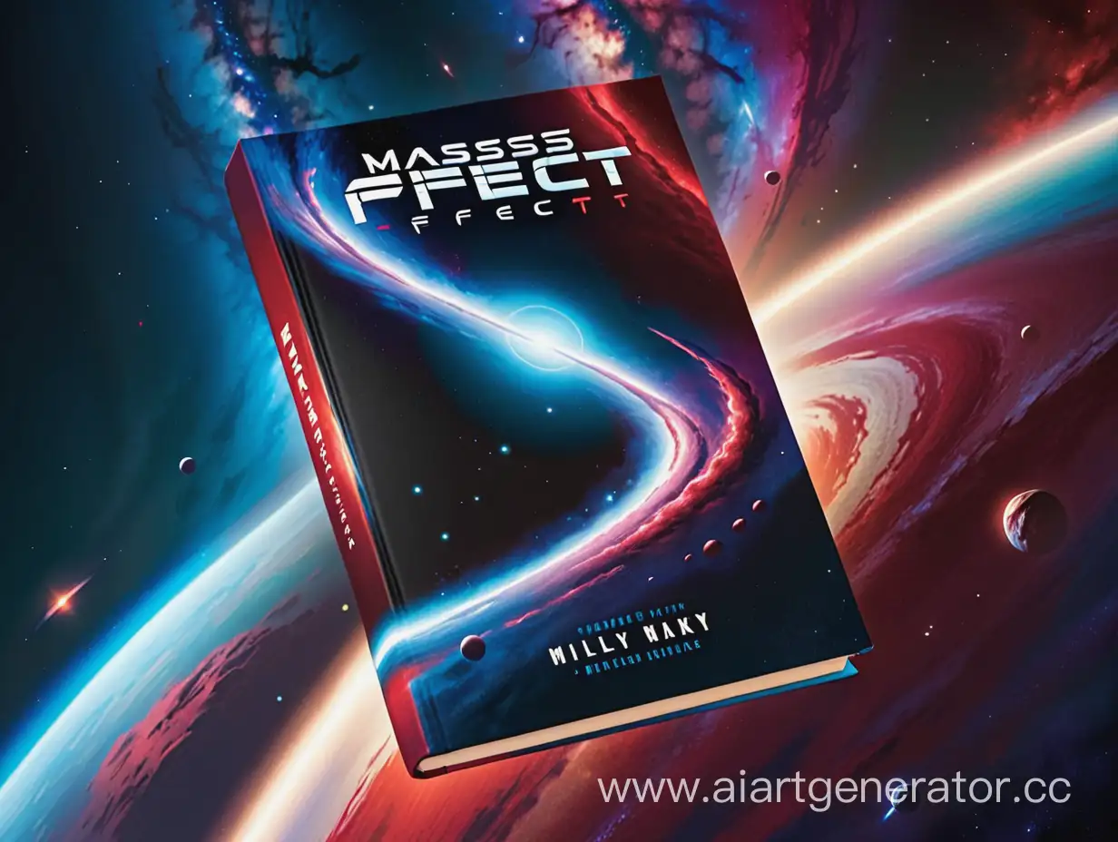 Обложка для книги в синем и красном цветах в стиле  MASS EFFECT с центром галактики Млечный путь