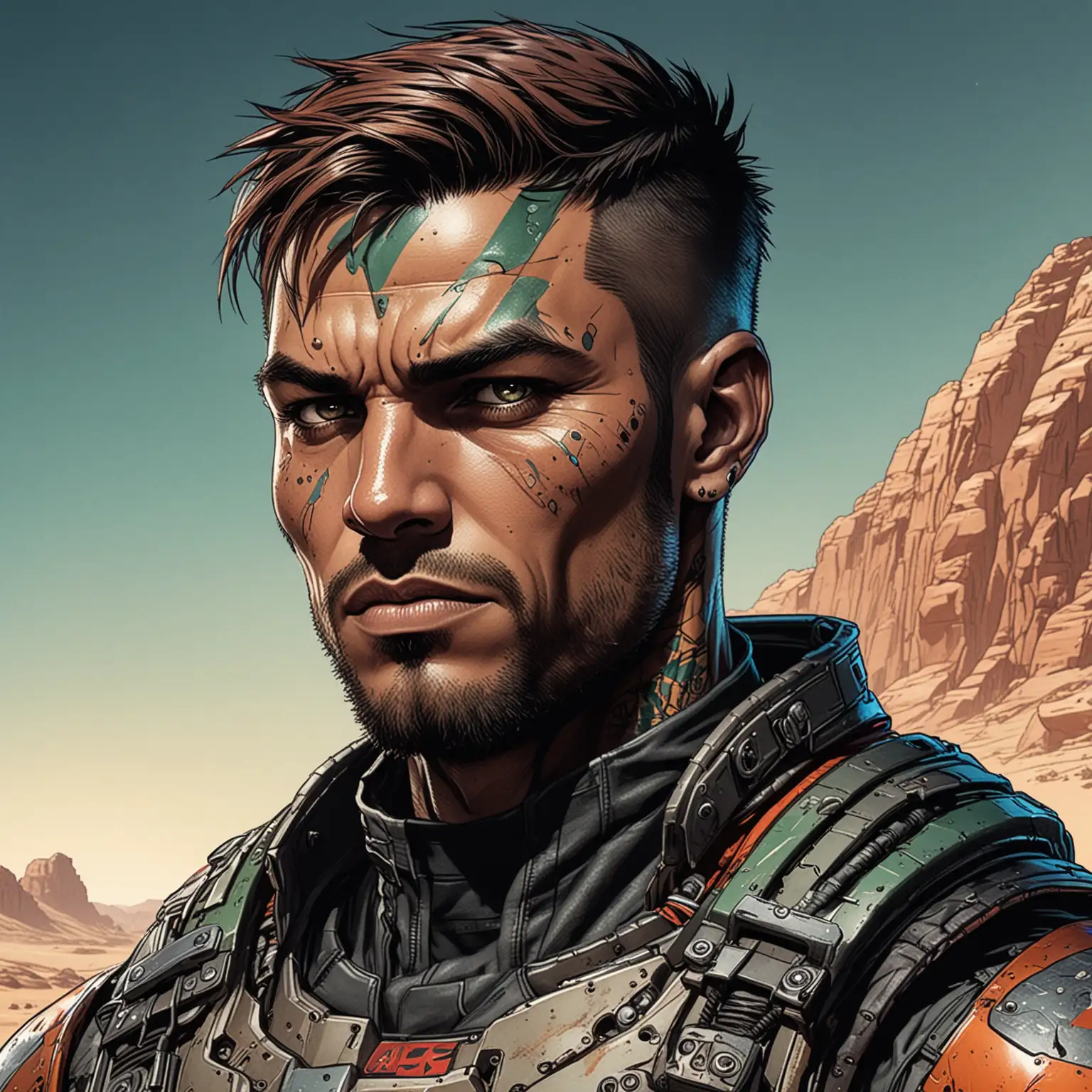 comic book inked color art style; close up portrait; male martian freedom fighter; cyberpunk