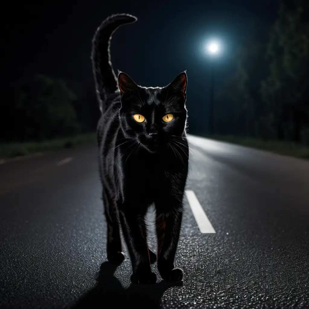 black cat walking on road at night with headlights pointing at it
