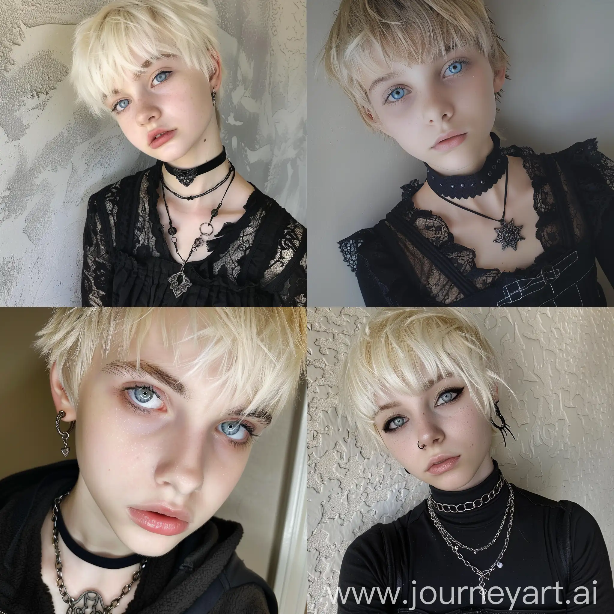 15 year old girl, goth, pixie cut, blonde hair, icy blue eyes