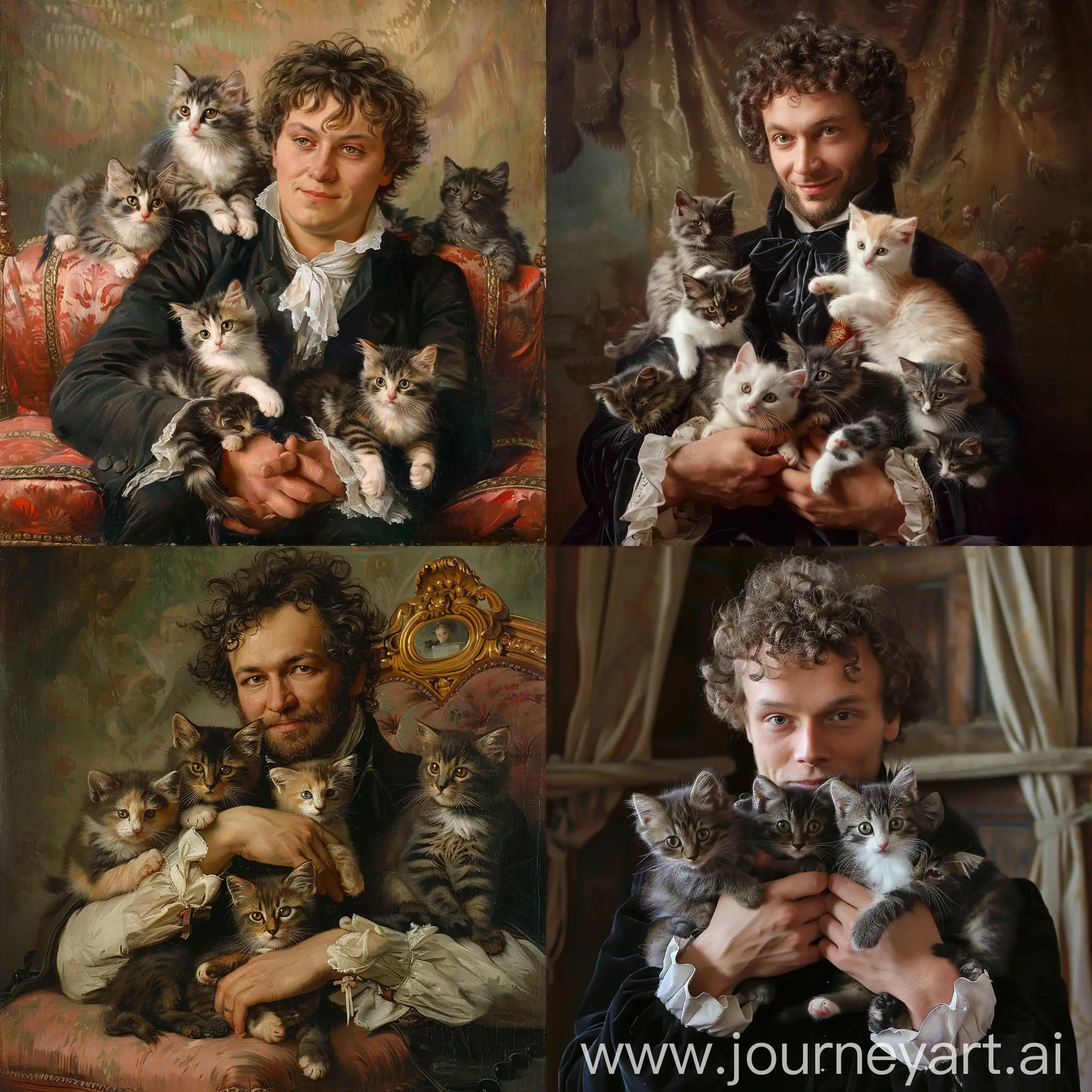 Поэт Александр Пушкин с милыми пушистыми котиками
