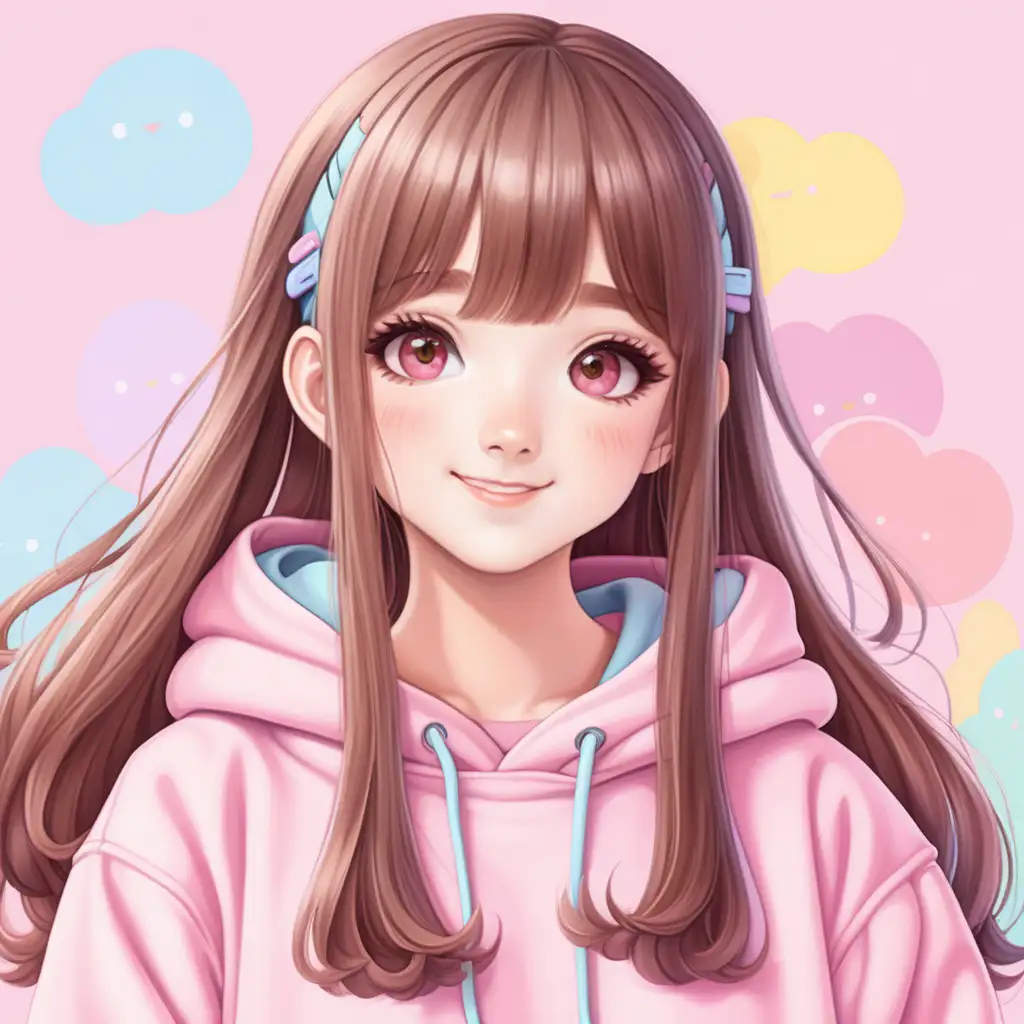 Kawaii Anime Girl in Pink Hoodie with Pastel Background