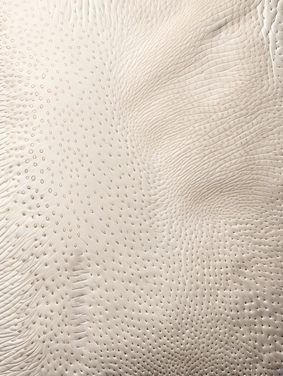 A sheet of white leather with ostrich skin texture lying flatly, smoothly, and aligned.