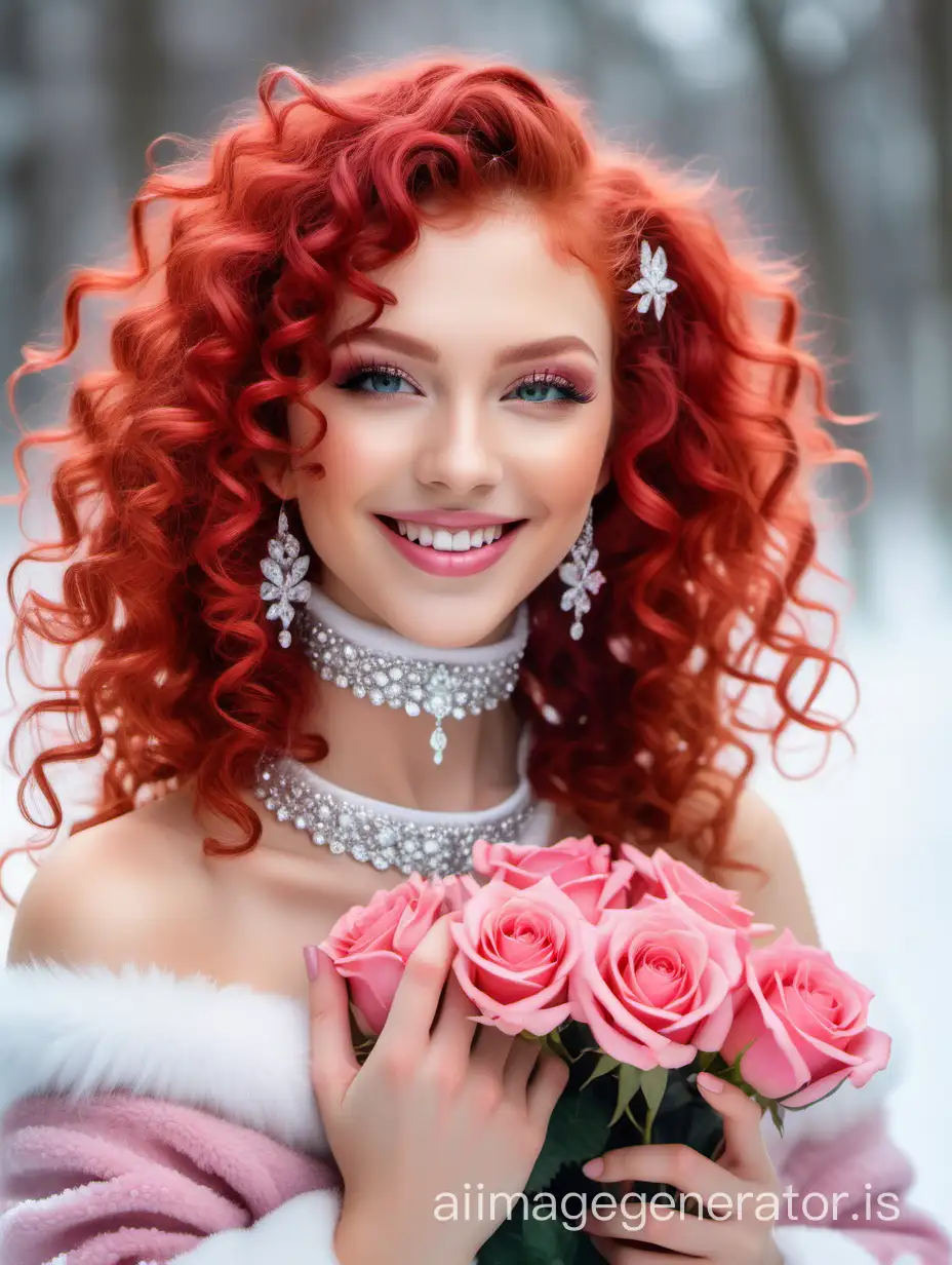 Professional-Portrait-Red-Curly-Hair-with-Rhinestone-Makeup-and-Pink-Roses