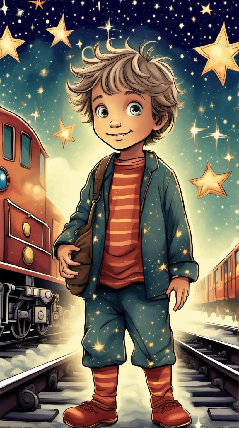  A young boy around 6-7 years old, with a sense of wonder and imagination. He has bright, curious eyes, a friendly smile, and short, slightly tousled hair. He typically wears comfortable pajamas, often adorned with a pattern of trains or stars, symbolizing his love for his nightly adventures.