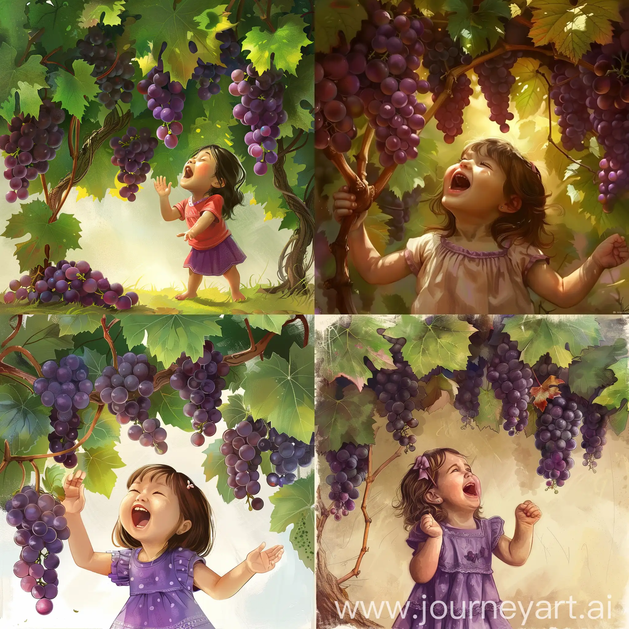一个小女孩在葡萄树下快乐的唱歌