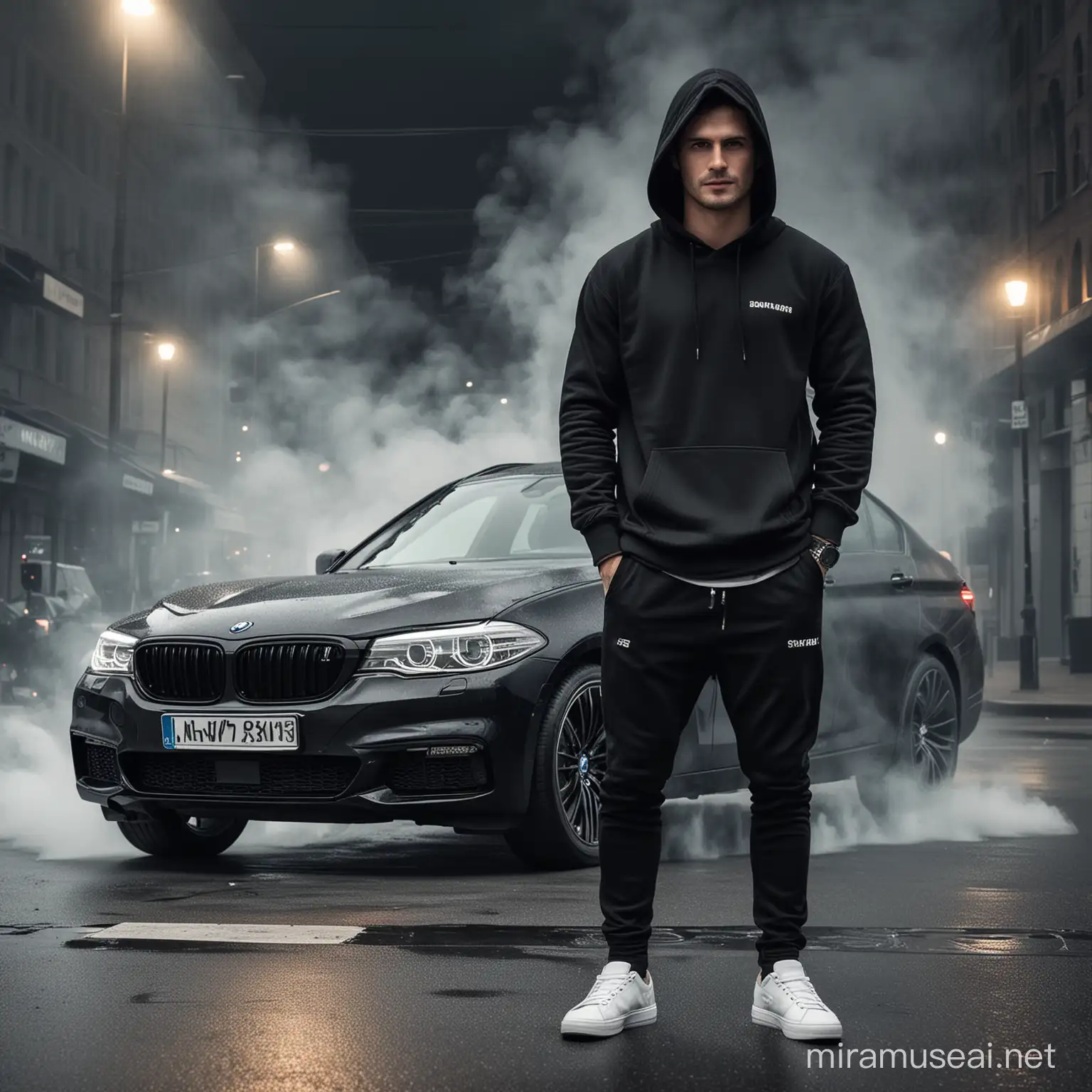 Striking Men by a Sleek Black BMW 520d in Urban Night