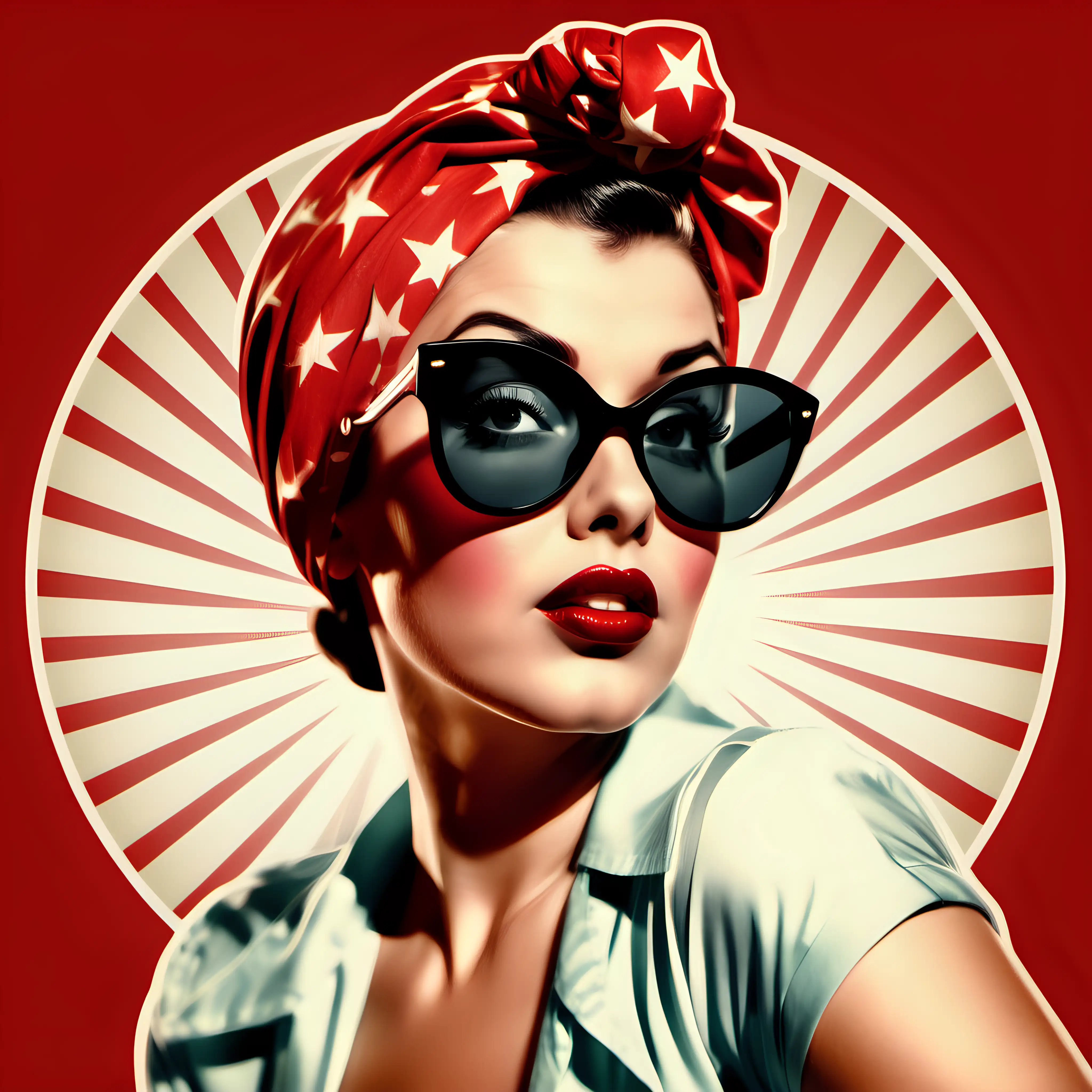  Woman with flare and a determined look, in a sassy pose, red glossy lips, big dark sunglasses and a head scarf Hollywood style. Hollywood Pinup style of the 1940's. vintage. circle behind the womans head. illustration