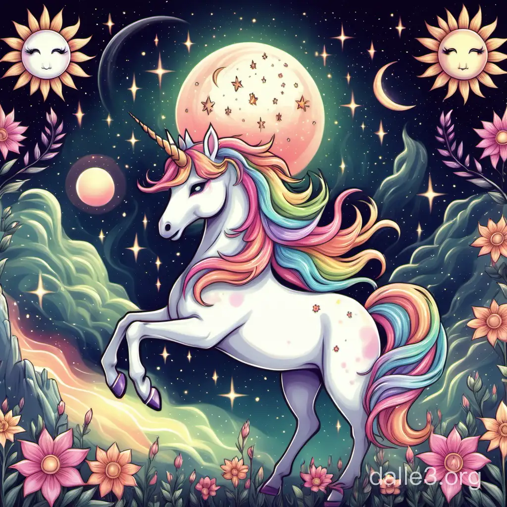 Unicorn Aurora Flower Moon Sun