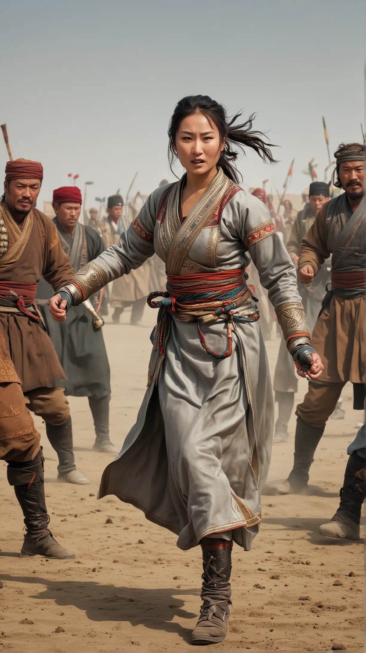 Kutlun, the spirited granddaughter of Genghis Khan, confidently challenging a line of suitors in a wrestling match.