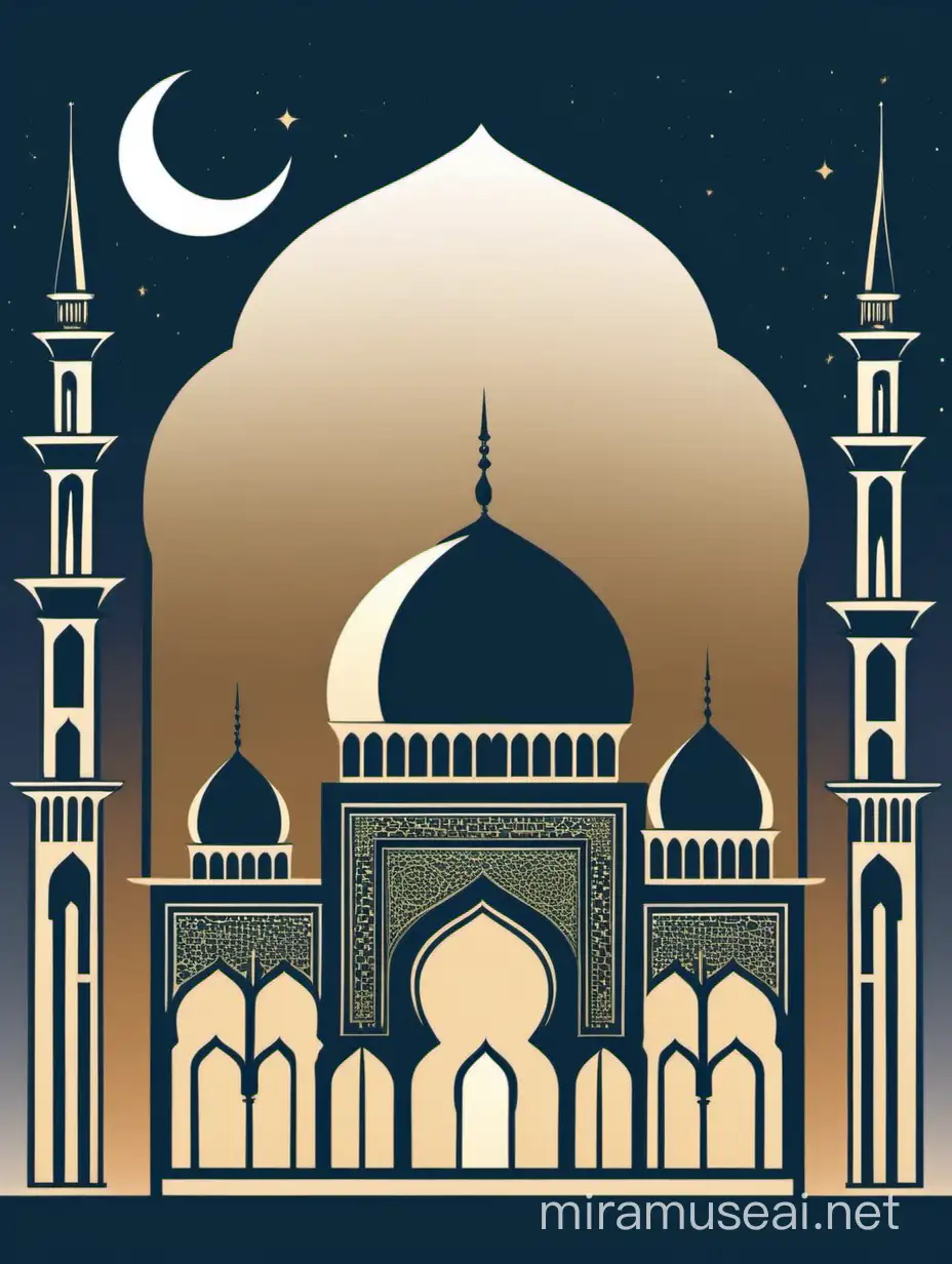 Middle Eastern Masjid with Crescent Moon Silhouette