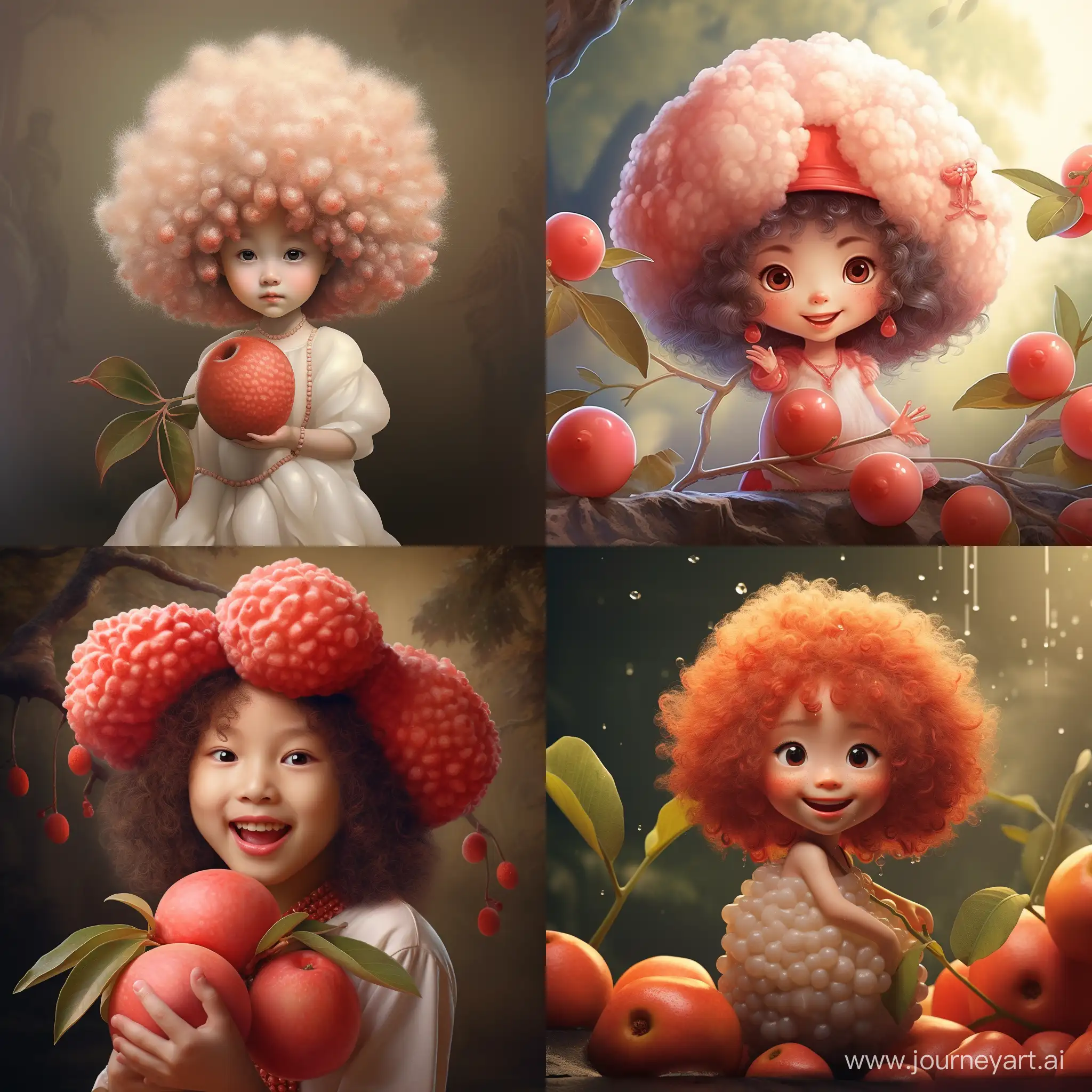 The cute lychee shows part of its pulp, and she looks full of energy and knowledge.