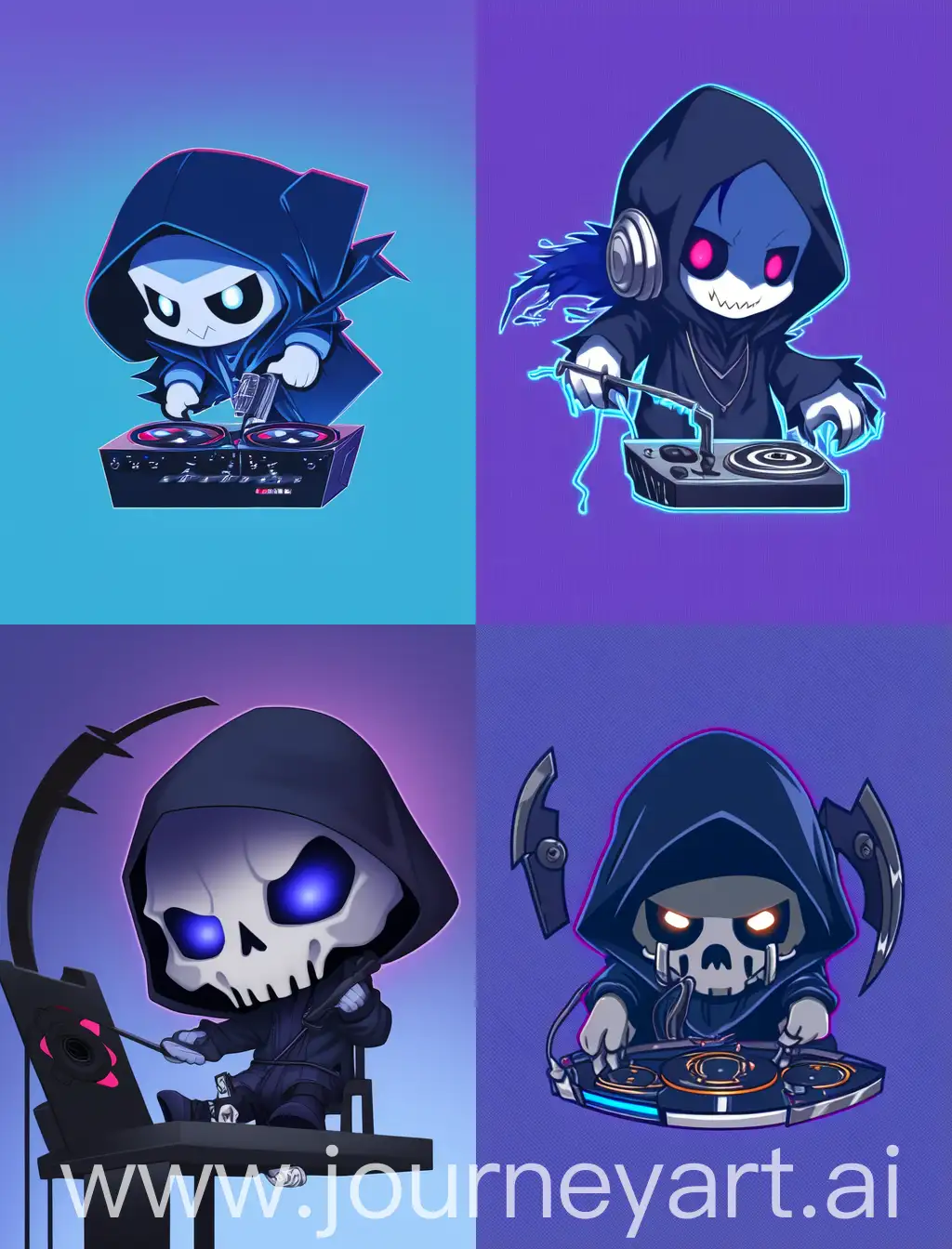 chibi anime grim reaper playing dj, cartoon anime style, with strong lines, with blue solid background