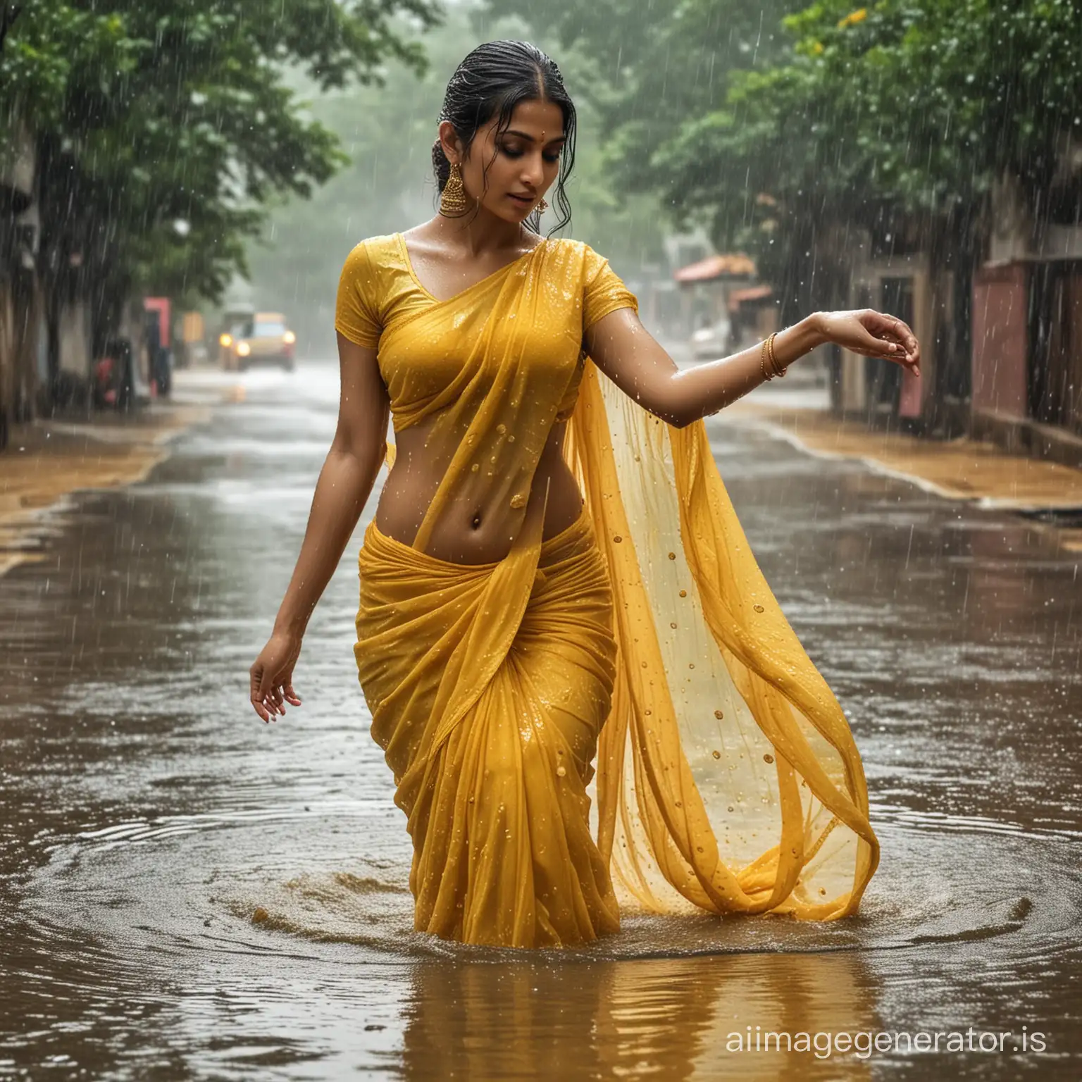 Stunningly beautiful Indian model, hour glass figure, yellow chiffon saree, soaking wet saree, rain, drenched, glamorous, gorgeous face, highly detailed hdr photo