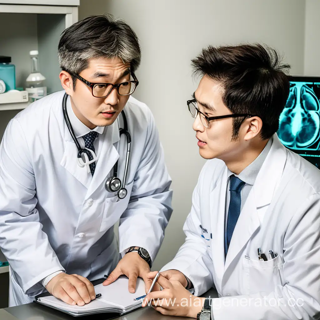 Мужчина кореец,хирург в очках разговаривает с врачом парнем помоложе