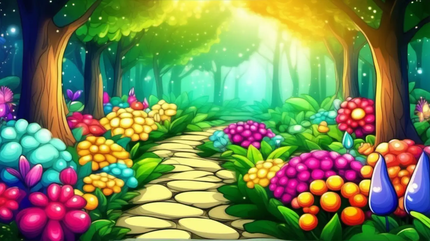 an image of a vibrantly colored beautiful magical garden no path in the image in perfect light, HD,  cute cartoon style