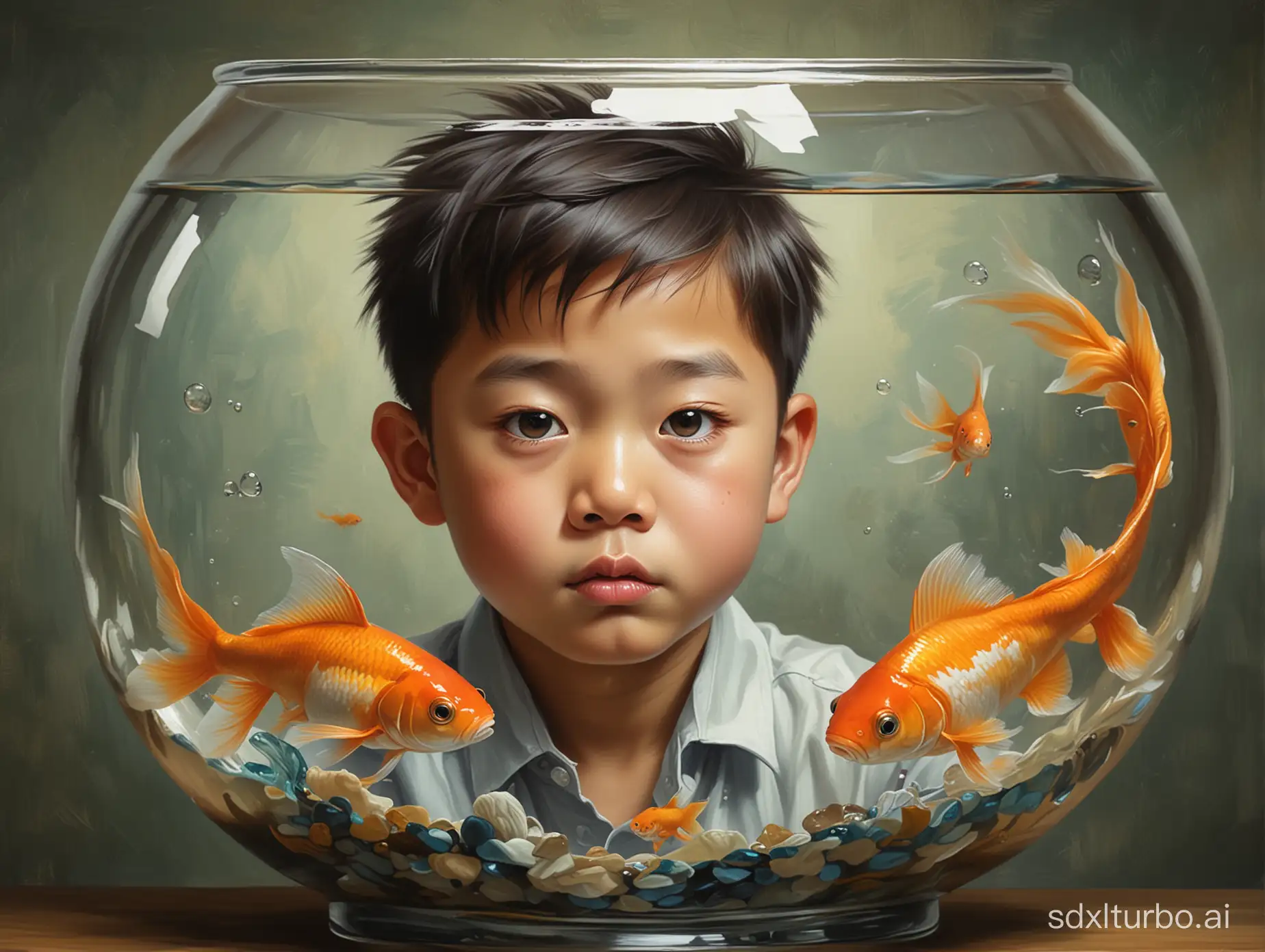 Create an image of a small Korean boy whose hair was tied back and his goldfish in a glass fish bowl. Oil painting style. Parody.