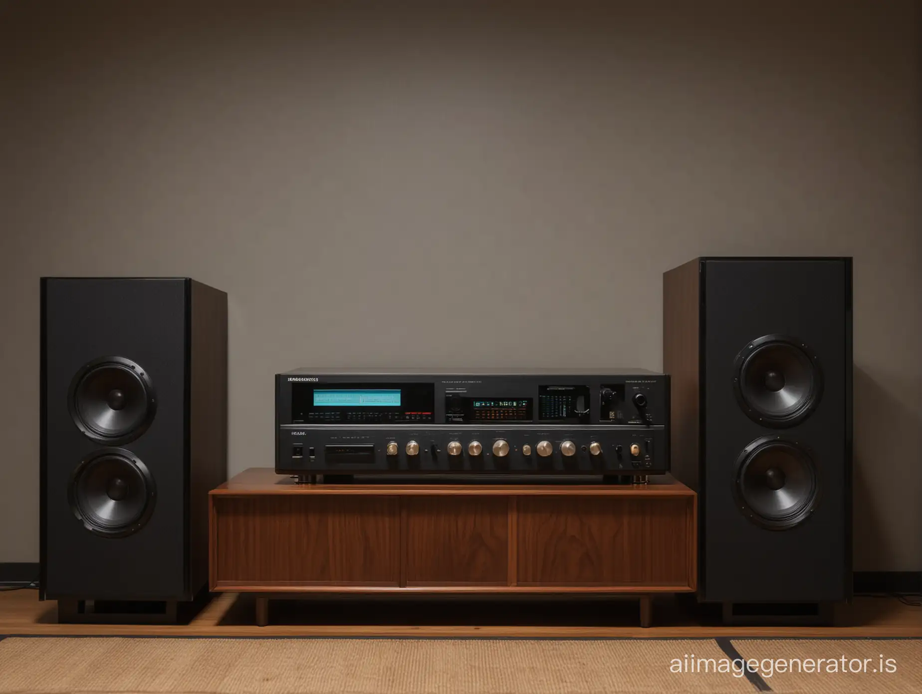 A 70's Japanese stereo system with 2 separate loudspeakers in a dark room with display front view