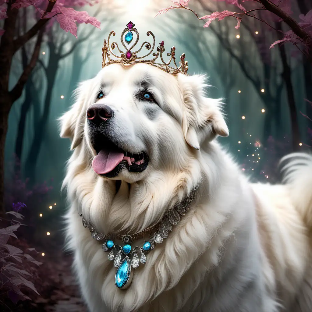 A happy, majestic and magical Great pyrenees in a fantasy theme, wearing jewelry while lording over sugar. Also wearing a tiara
