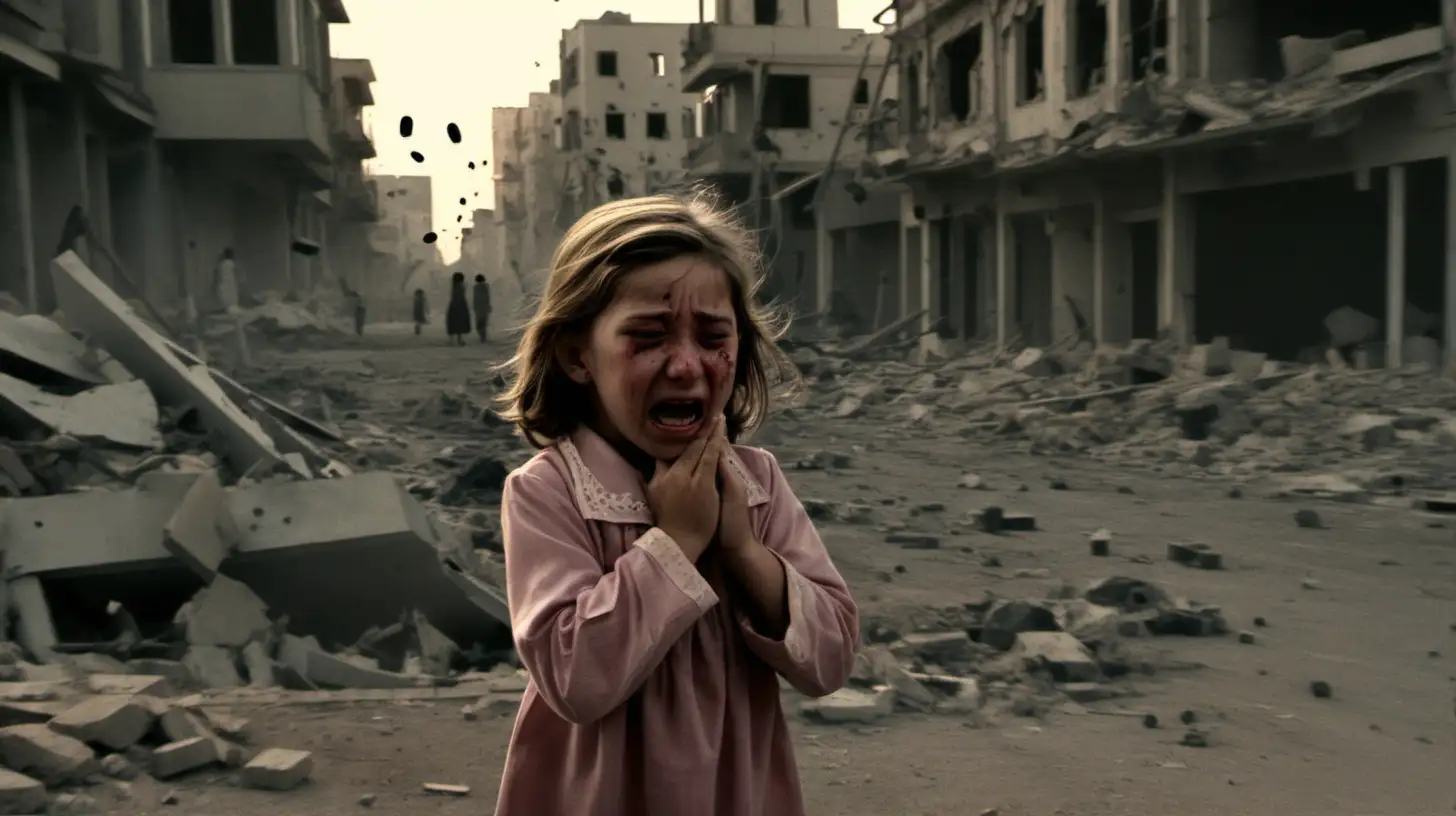 Distraught Young Girl Amidst Devastation and War