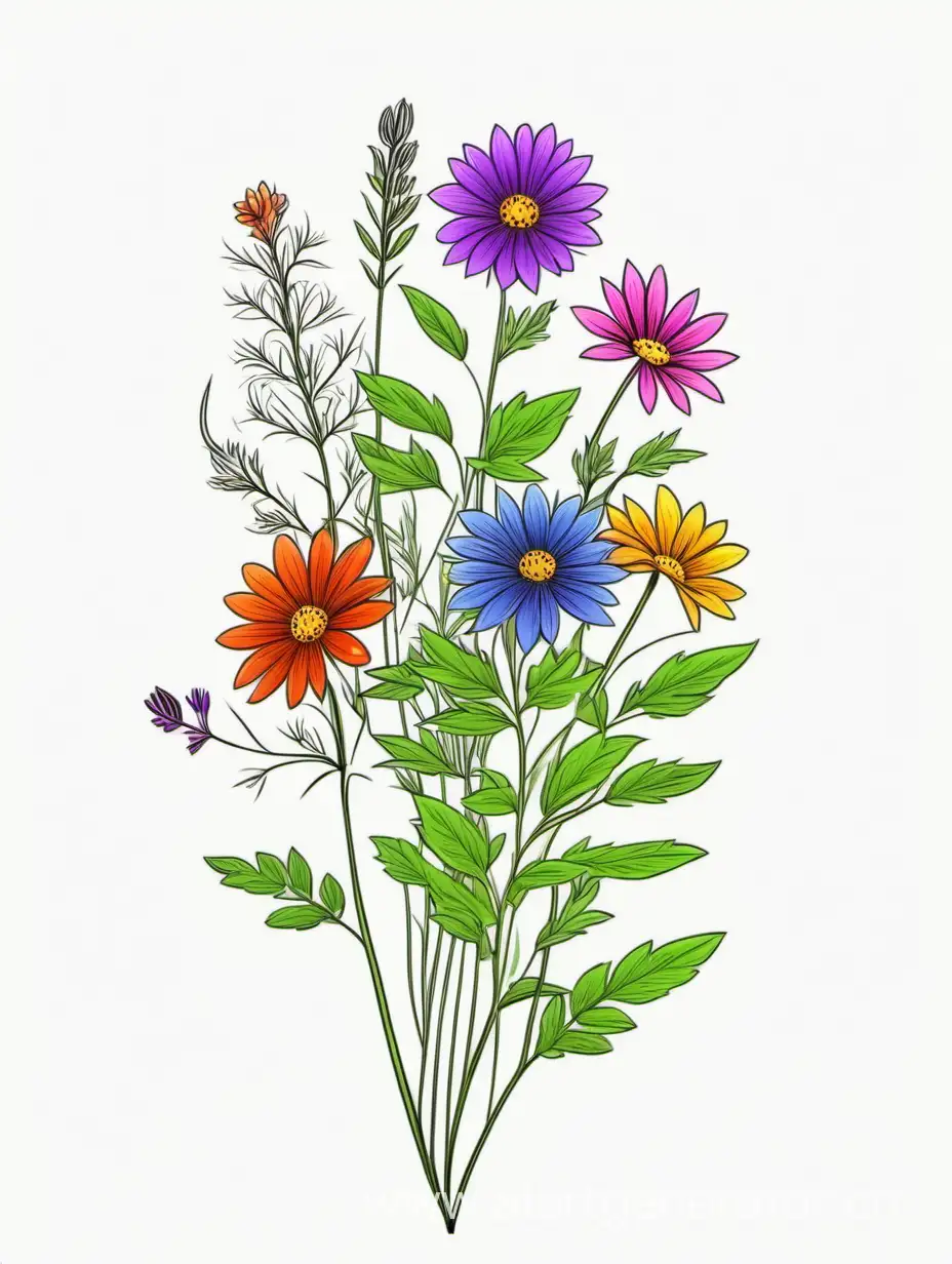 a colorful wildflower lines art, simple, herb, Unique floral, botanical ,grow in cluster, 4K, high quality, white background,