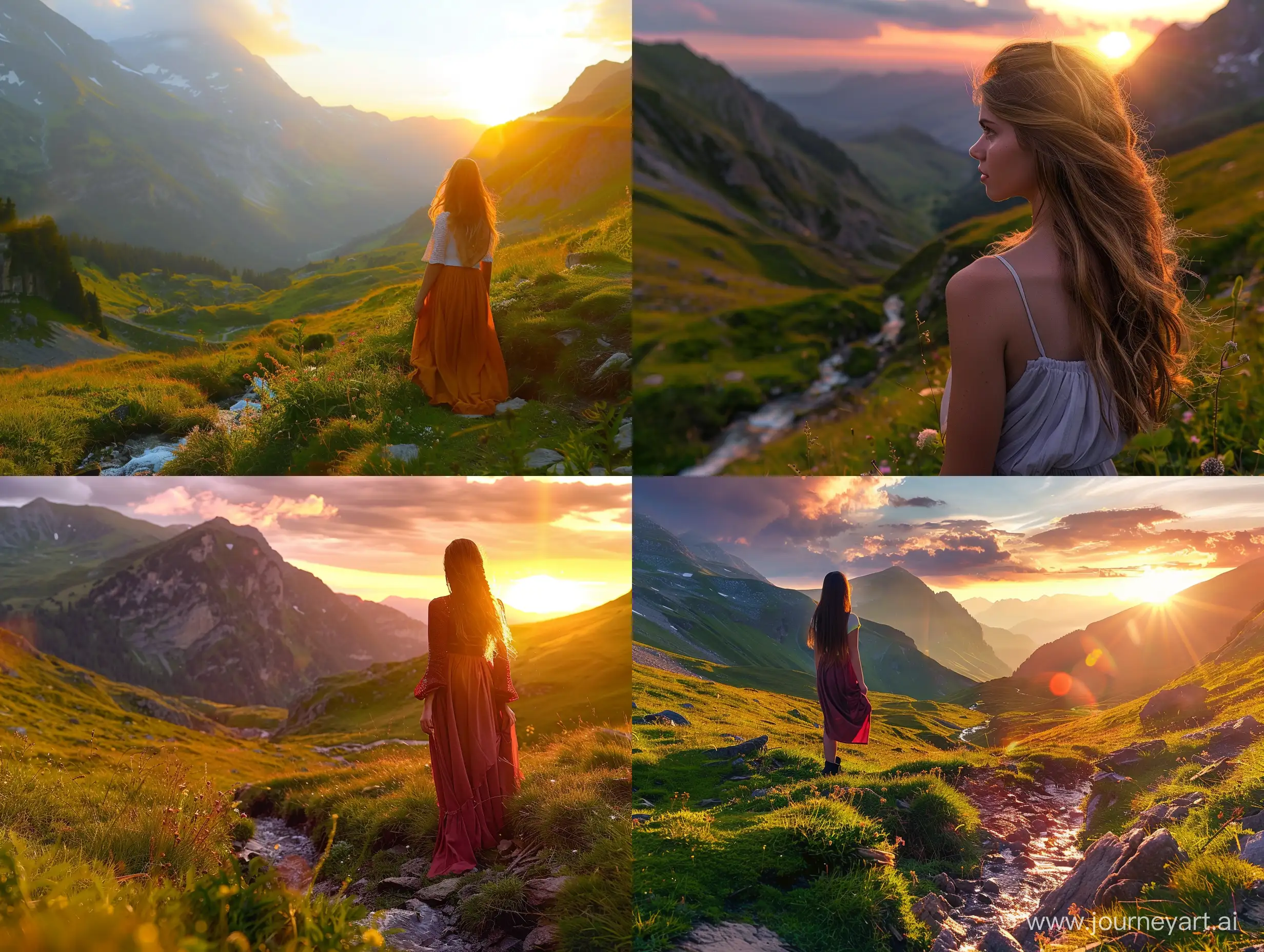 beautiful girl against the background of a Majestic mountain landscape at sunset, bright colors, 4K resolution, calm atmosphere, small stream flowing through the valley