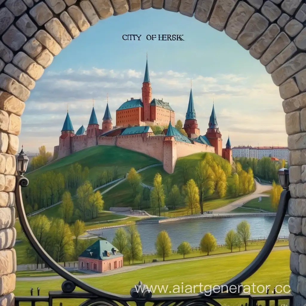Надпись "Город Хернск" на фоне замка