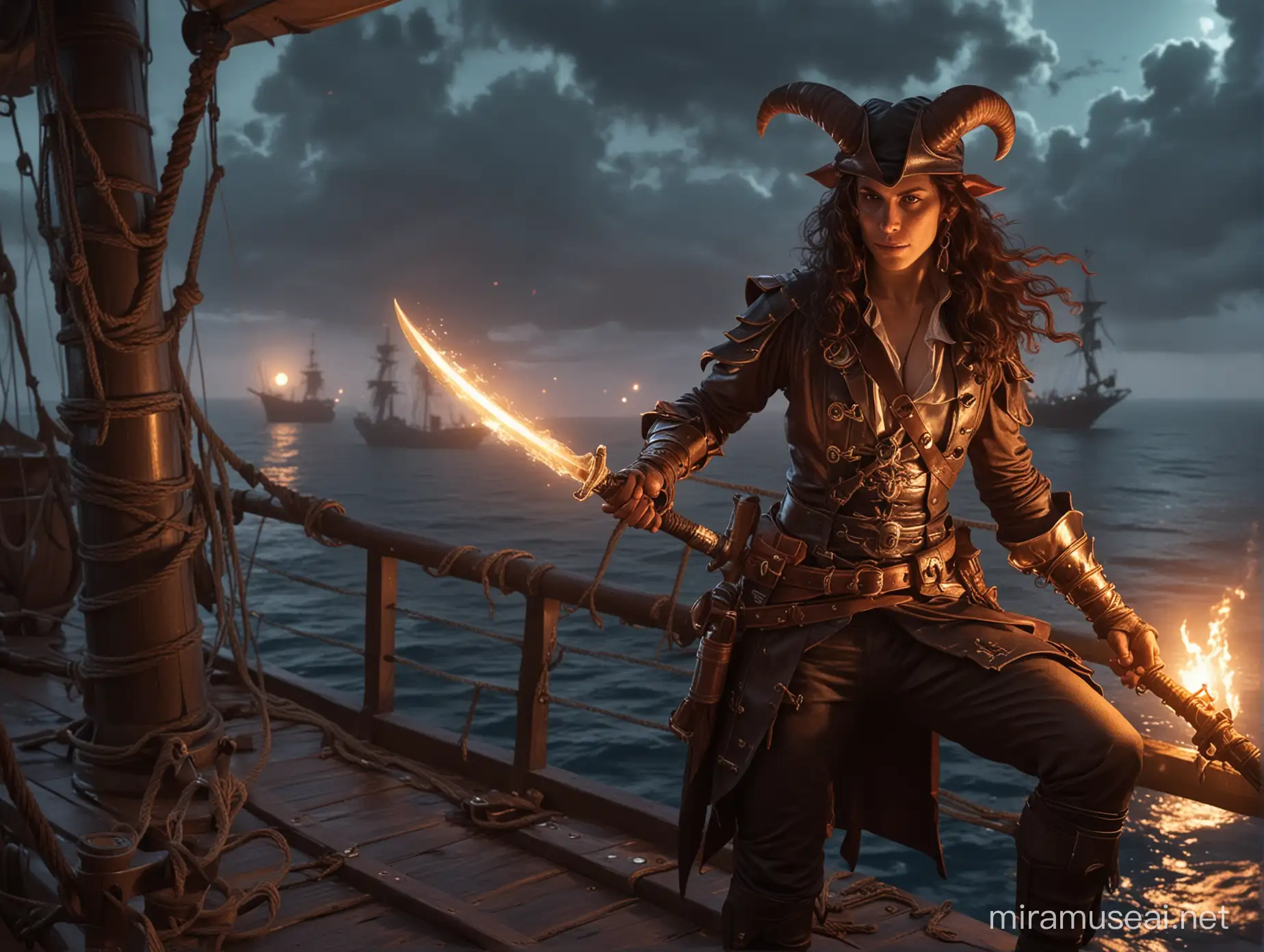 tiefling pirate captain on a ship deck hodling a glowing sword