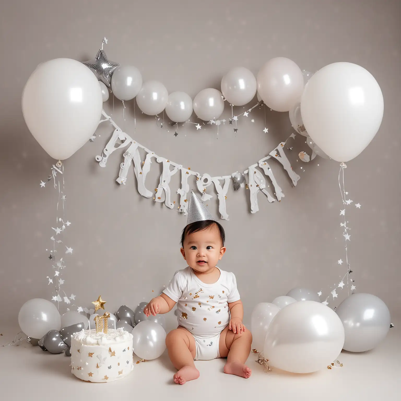 one year old birthday white cake smash photography asian baby with cute clothes simple setups balloon garland backdrop silver baloons with moon and stars led lights and clouds with birthday hat simple minimalist plain background less balloon
