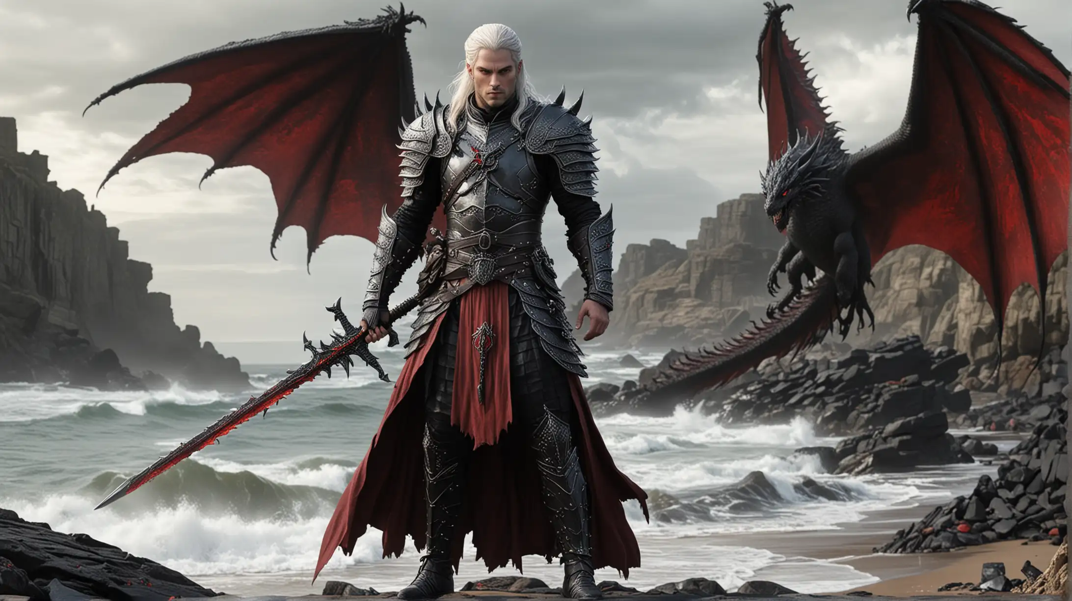 Prince Daemon Targaryen standing on a stony shore, his visage is tall thin and sharp, that of a fallen angel, long silver hair, lightweight black armour, wielding Darksister, a long thin sharp longsword, flanked by his red dragon Caraxes,

highly detailed, random details, imperfection, detailed colours hues tones patterns,