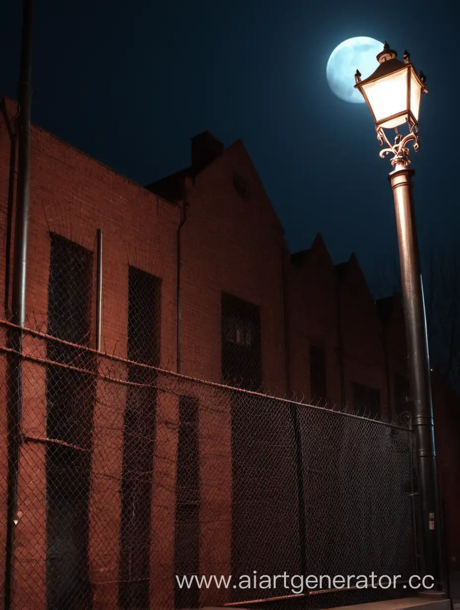 Moonlit-Urban-Serenity-Red-Brick-Building-Behind-Iron-Mesh-Fence