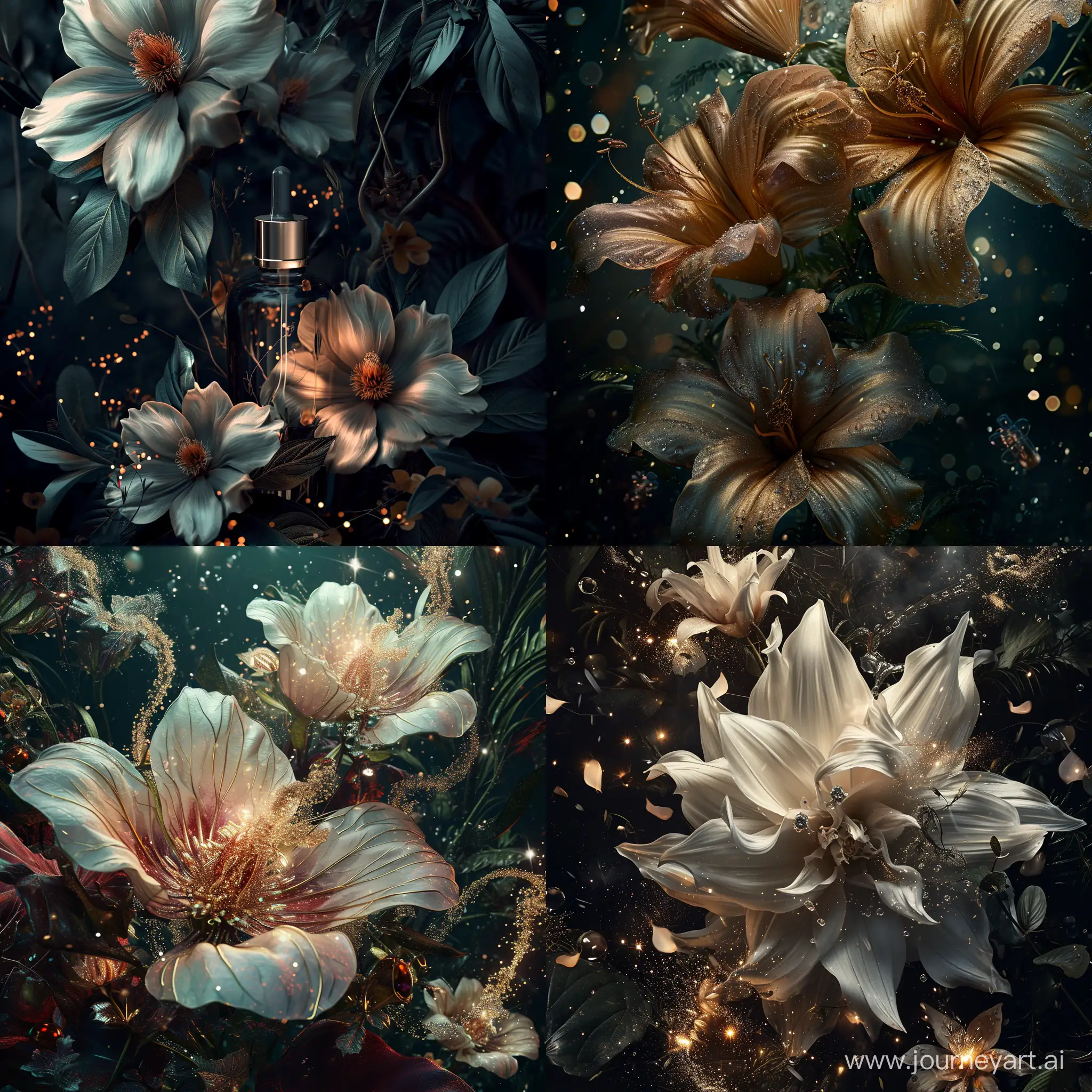 парфуми, лікарські трави, великі дивні квіти, фотореалістичний, детальний, темний искрящийся загадковий фон, атмосферний