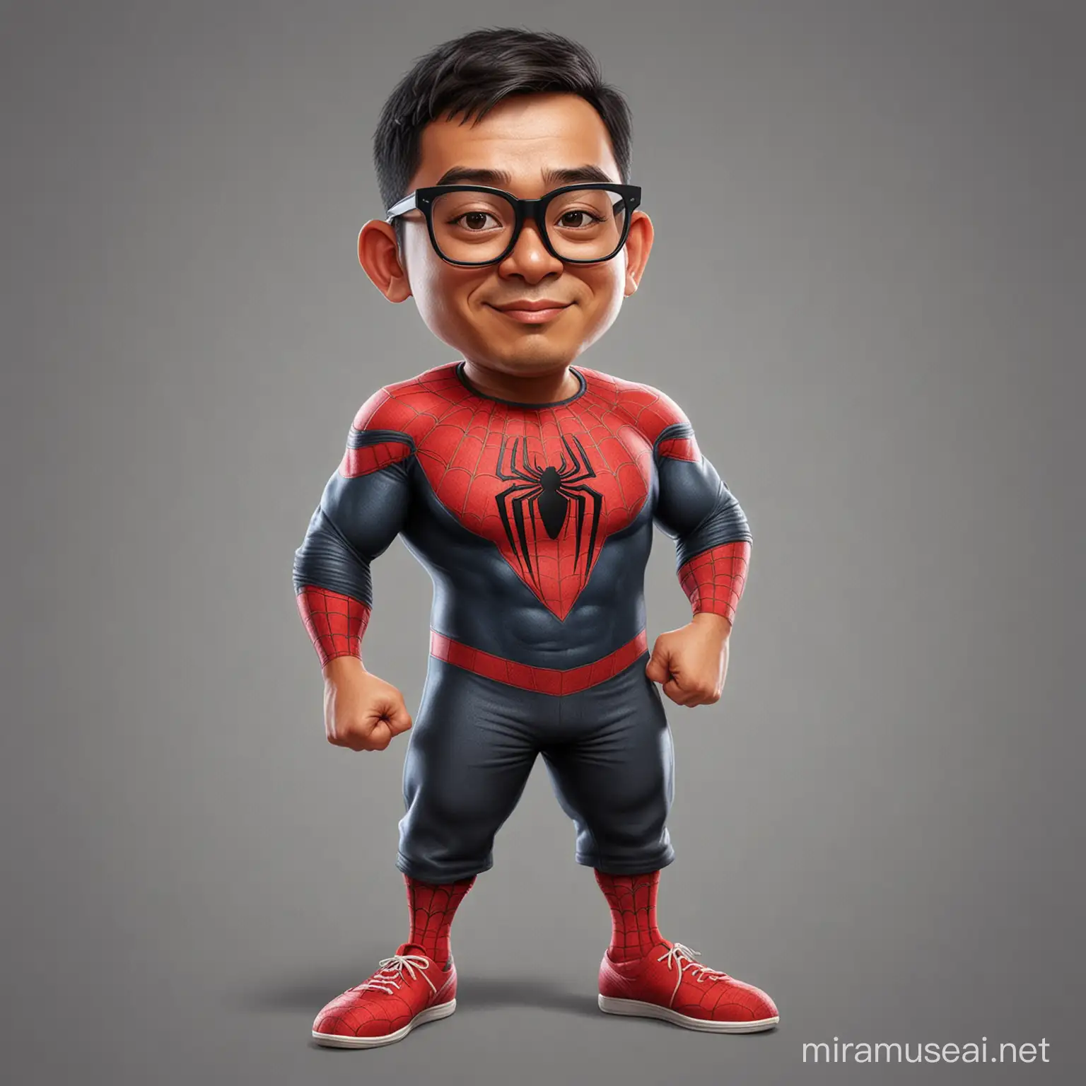 Caricature potrait full body, An Indonesian man, wearing glasses, neat short hair, wearing a Spiderman outfit, realistic.