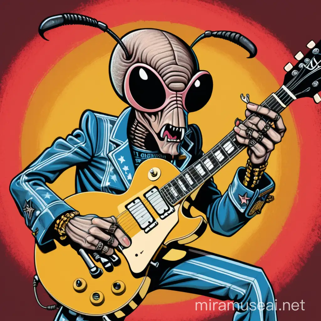 a menacing humanoid rock star ant wearing clothes plays a gibson les paul electric guitar illustrated in the style of Butcher Billy 