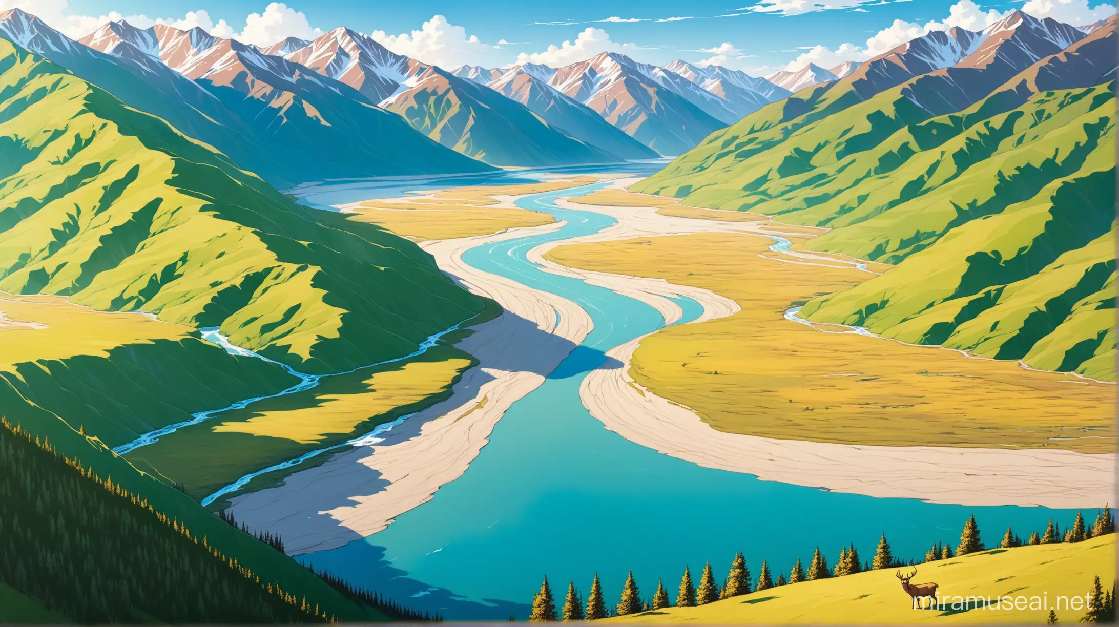 Altai mountains, Altai nature, aerial perspective, katun river, deer in the foreground stands on a hill, dramatic, natural colors, illustration, book illustration
