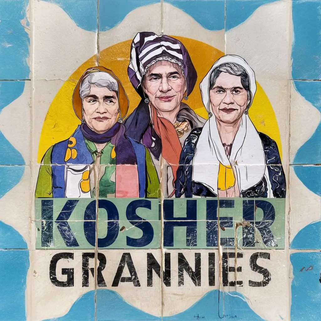 logo, Israeli style, Jewish grannies with Israeli headcovers, Israeli tiles, Paul Klee, with the text "Kosher Grannies", typography, be used in art industry
