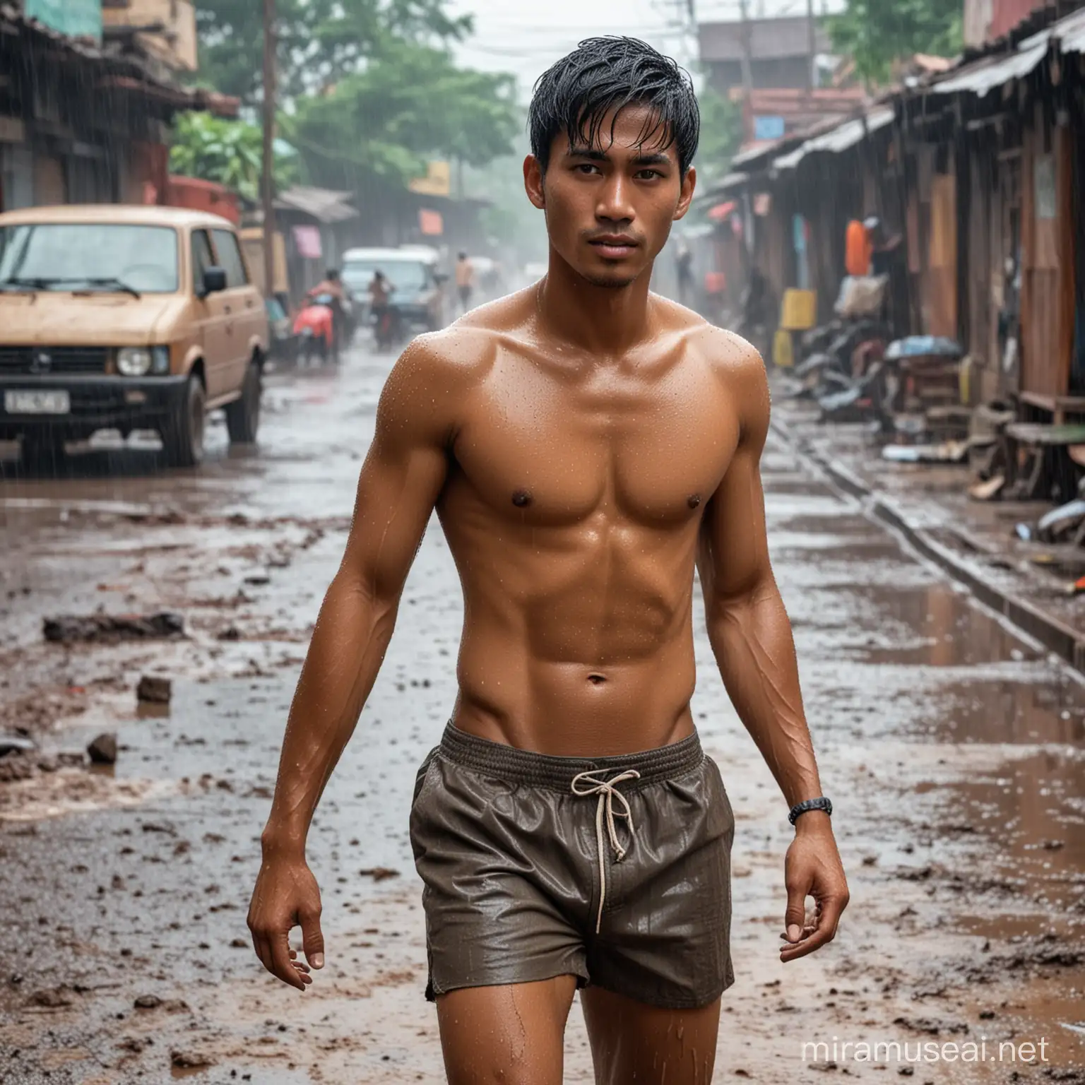 Tanned Indonesian Man Walking Shirtless in Heavy Rain