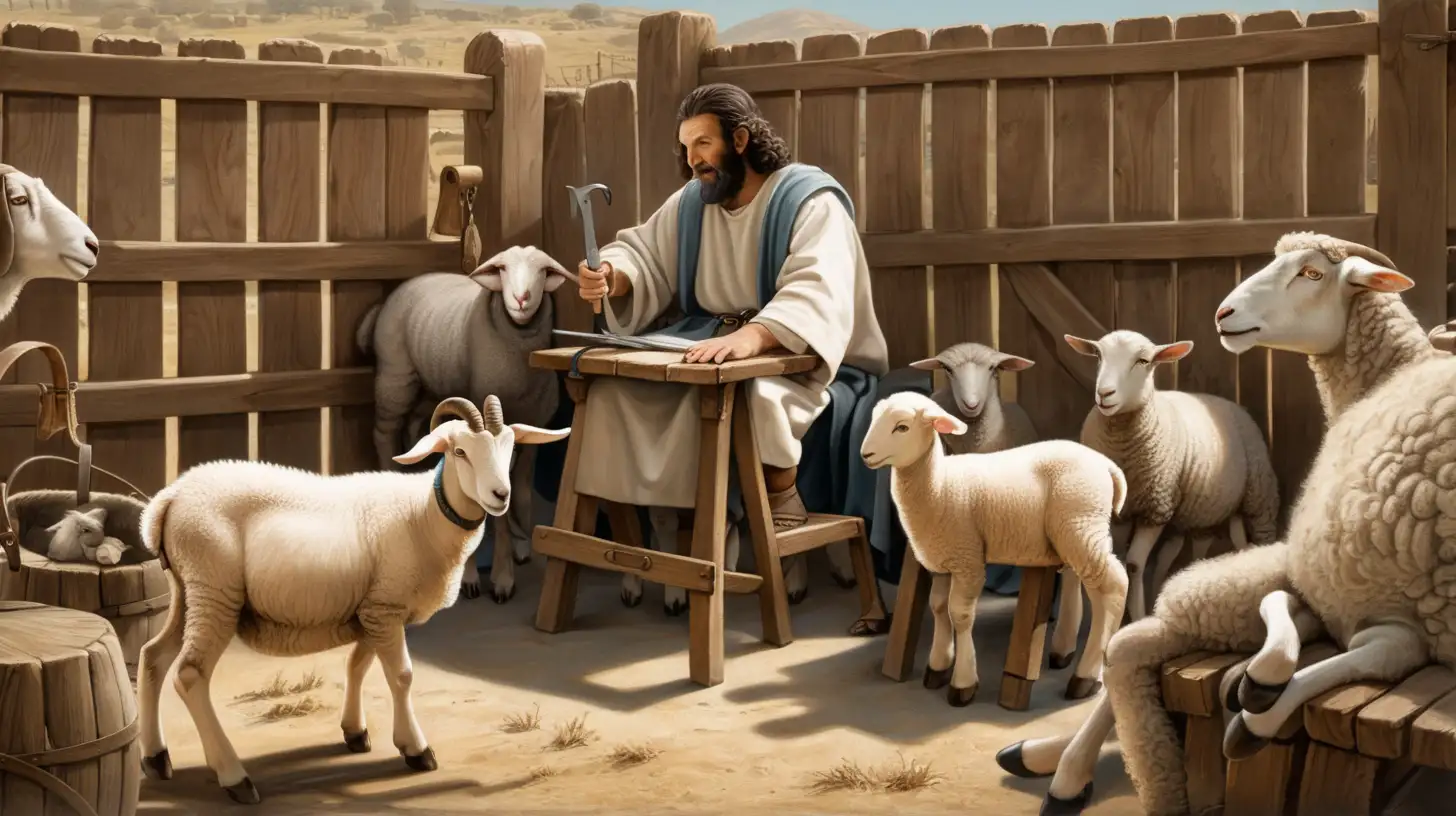 une chèvre, un mouton, un agneau, une brebis, un hébreu assis sur une chaise en bois avec un long couteau dans la main, époque biblique, devant une bergerie