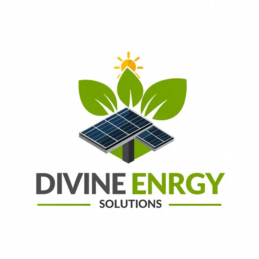 a logo design,with the text "DIVINE ENERGY SOLUTIIONSS", main symbol:SOLAR PANEL, GREEN LEAF,SUN,Moderate,be used in Real Estate industry,clear background