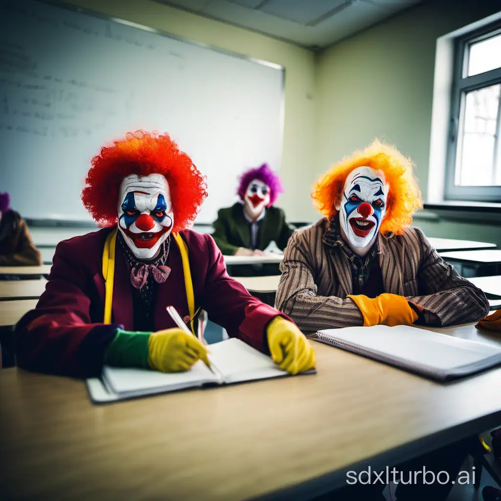 Clowns, sitting in class at university, winter day