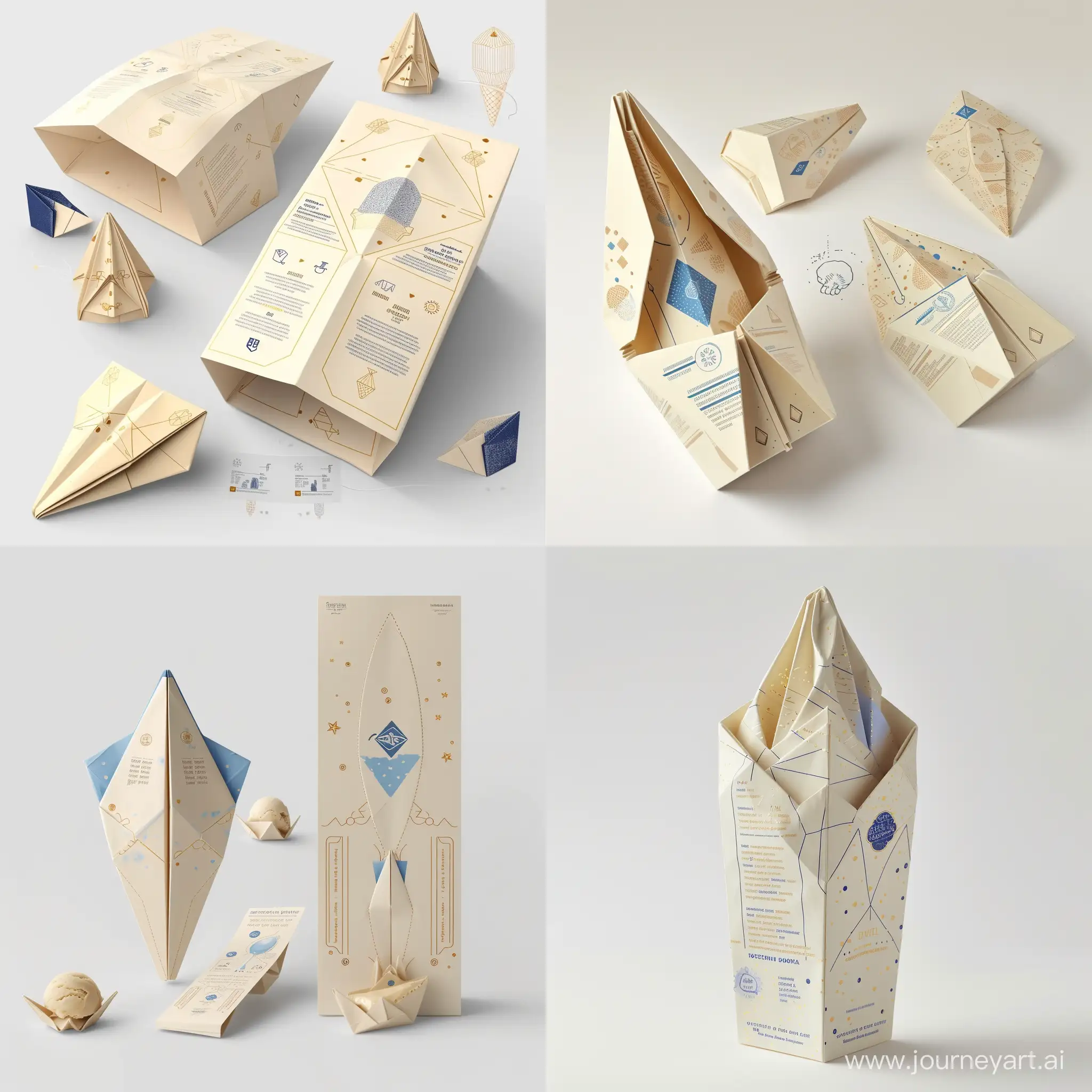 imagine an image of :Interactive Origami Packaging : "Design foldable origami-style ice cream packaging with variable dimensions based on the origami shape. The packaging should have printed guidelines for folding, in beige with blue and gold print. Place the logo on one of the origami flaps. Use durable, foldable paper and accompany with an instruction booklet for different origami shapes."realistic packaging design