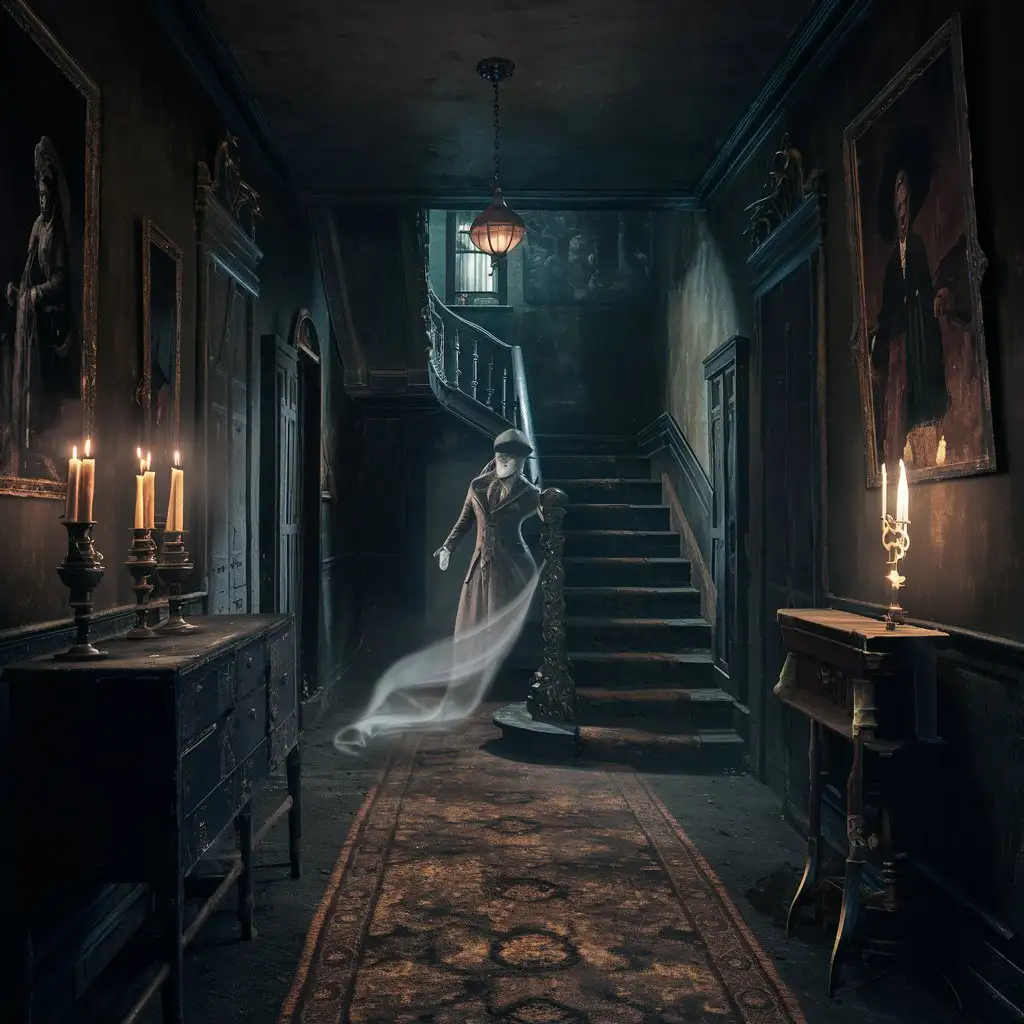 Ethereal Victorian Mansion Corridor with Ghostly Presence